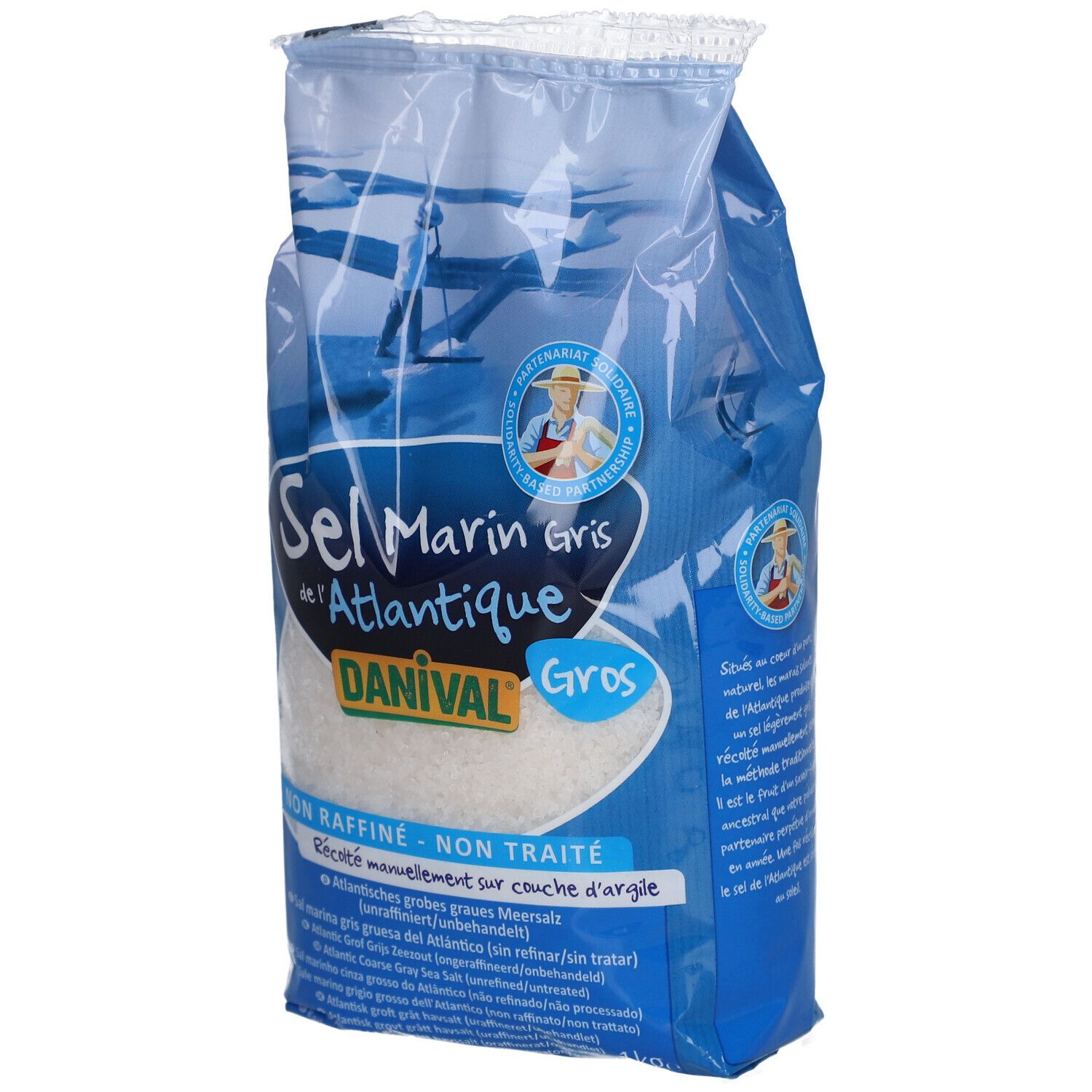 Sachet de gros sel marin de l'Atlantique Danival, non raffiné et non traité.