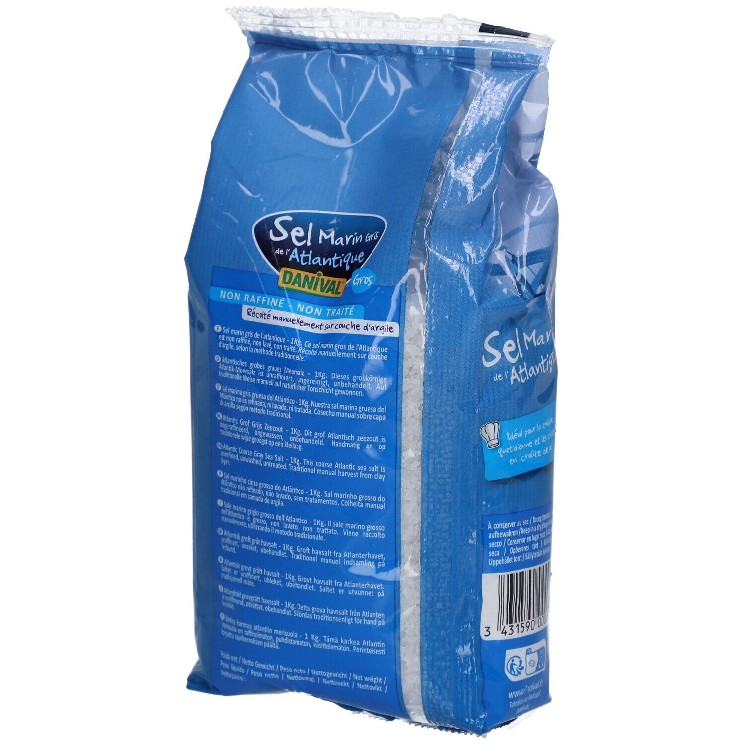 Dos d'un sachet de gros sel marin de l'Atlantique Danival, avec informations produit détaillées.