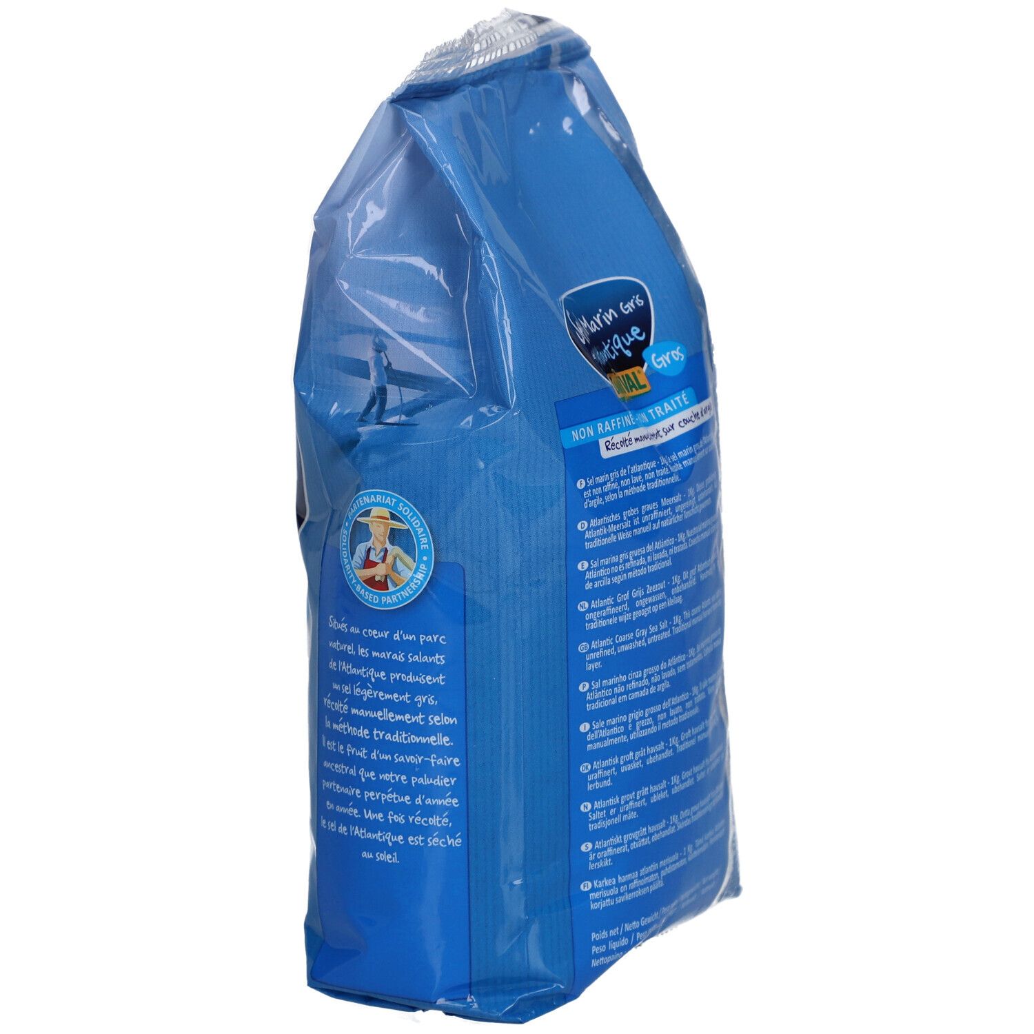 Vue latérale d'un sachet de gros sel marin de l'Atlantique Danival, montrant la forme du sachet.