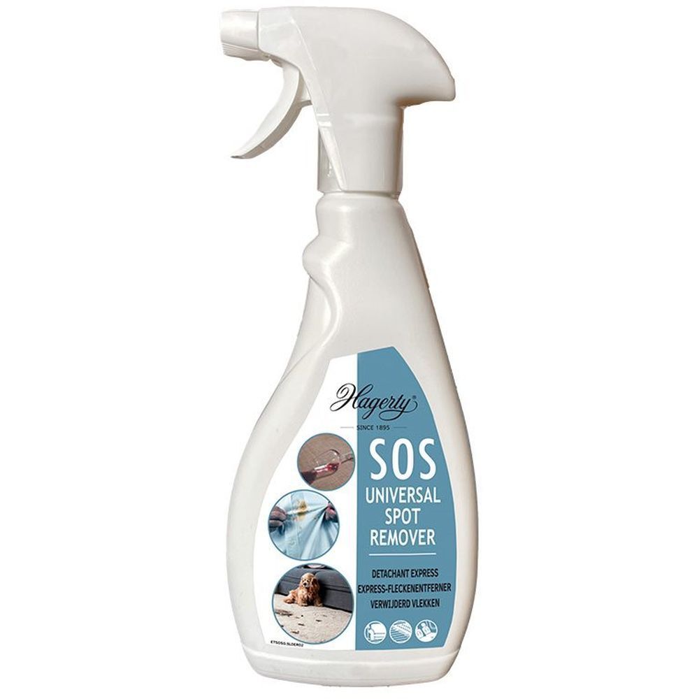 Witte spuitfles met Hagerty SOS Universal Spot Remover etiket. Afbeeldingen van vlekverwijdering. Spuitkop.
