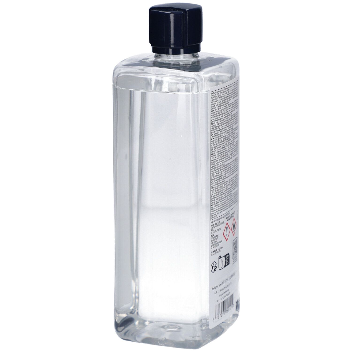 Flacon transparent avec bouchon noir. Dos avec texte et symboles d'avertissement. Informations produit sur l'étiquette.