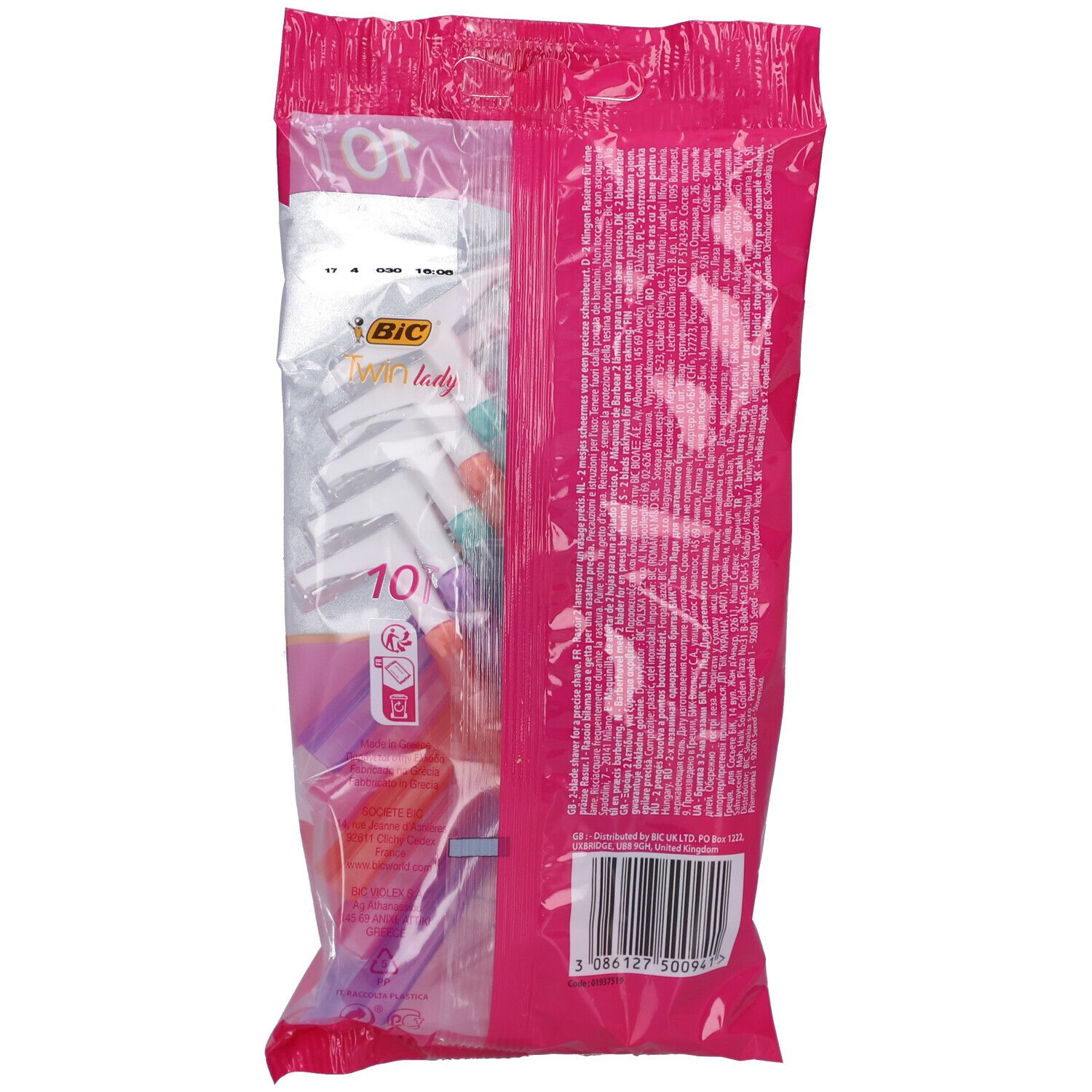 Dos du paquet de 10 rasoirs jetables. BIC Twin lady, emballage rose. Code-barres et texte.