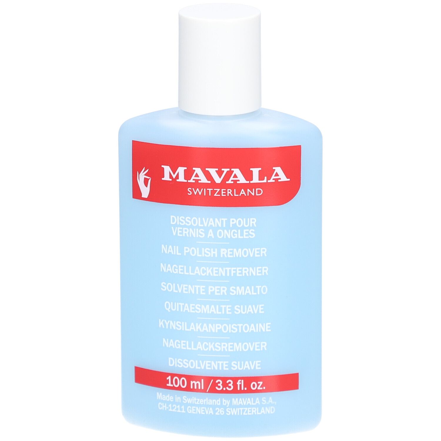 Flacon bleu clair avec bouchon blanc. Étiquette rouge avec texte blanc: MAVALA, dissolvant vernis.