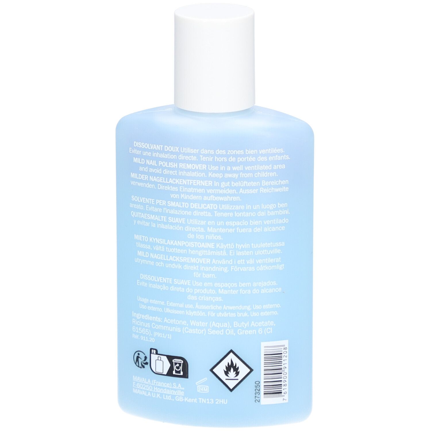 Dos du flacon bleu clair. Bouchon blanc. Texte multilingue. Avertissement et symbole de recyclage.