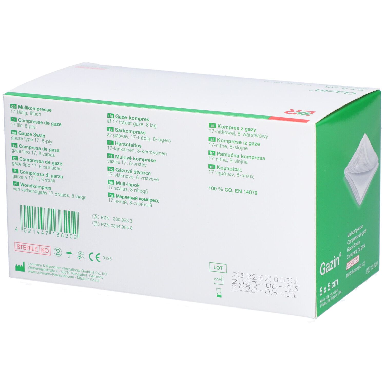 Dos de la boîte de compresses Gazin. Informations multilingues, numéro de lot et coordonnées du fabricant.