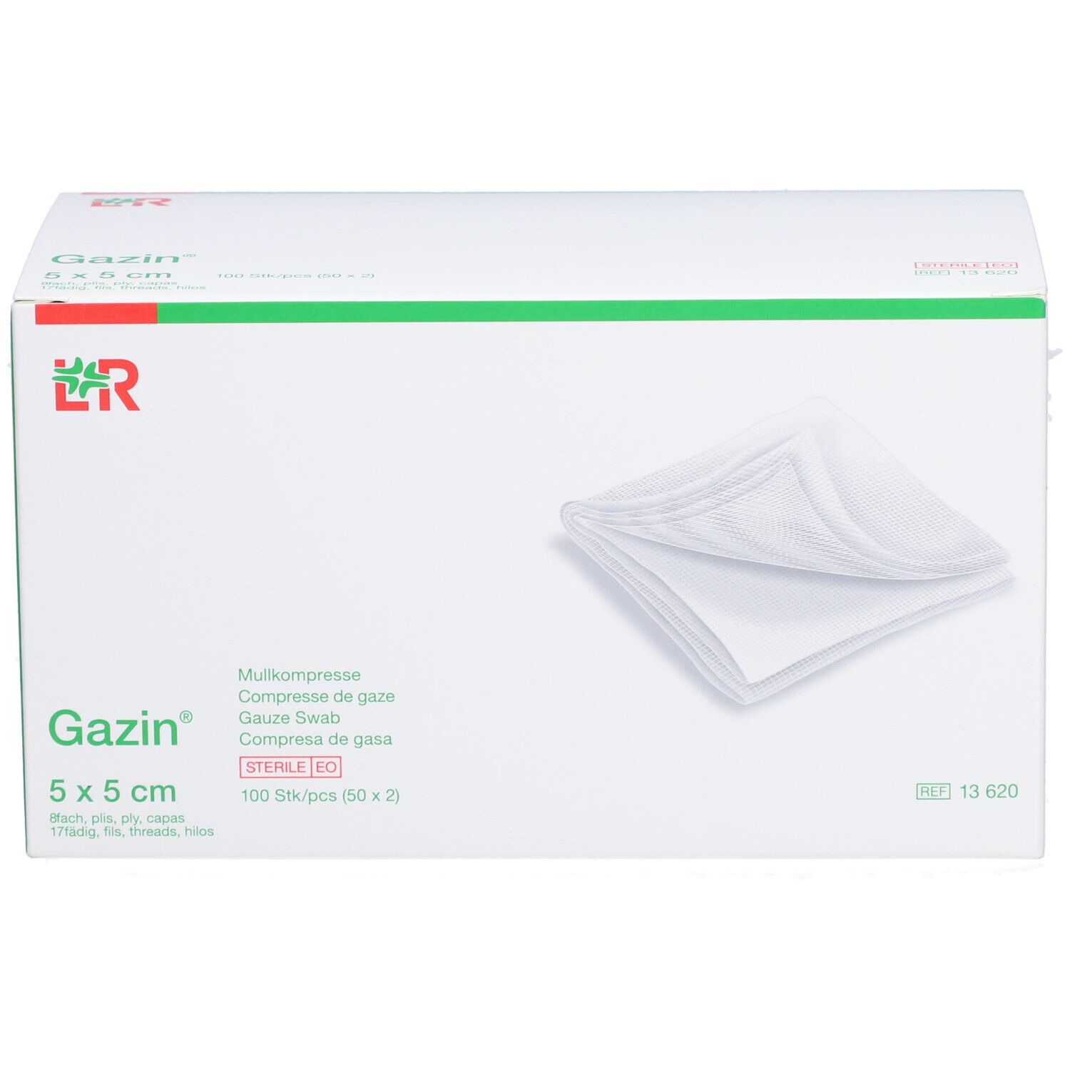 Compresses de gaze Gazin 5x5cm. Boîte blanche avec bande verte. Nom, taille et indication stérile.