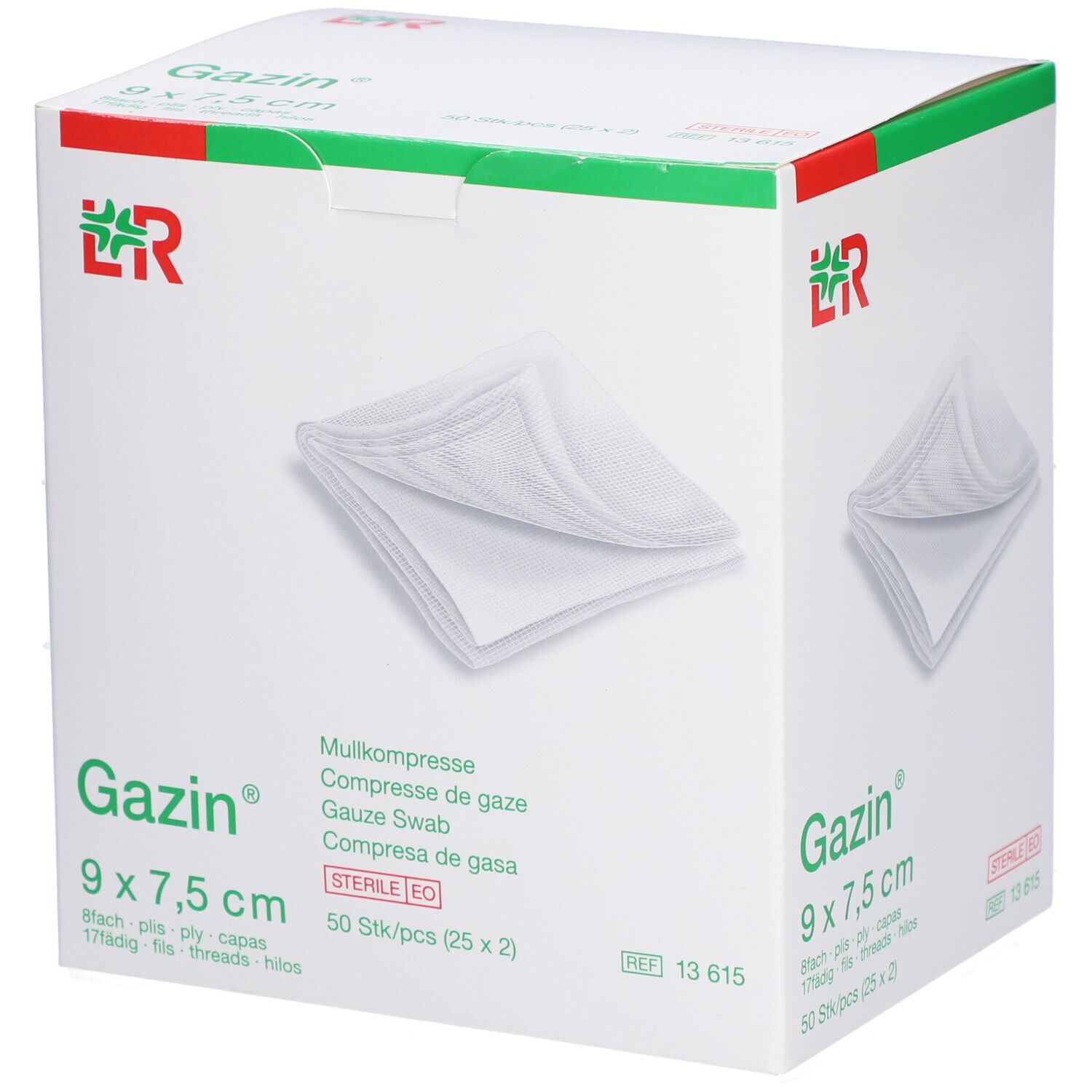 Gazin gaaskompressen 9 x 7,5 cm. Witte kompressen in witte verpakking. 50 stuks (25 x 2). Steriel.
