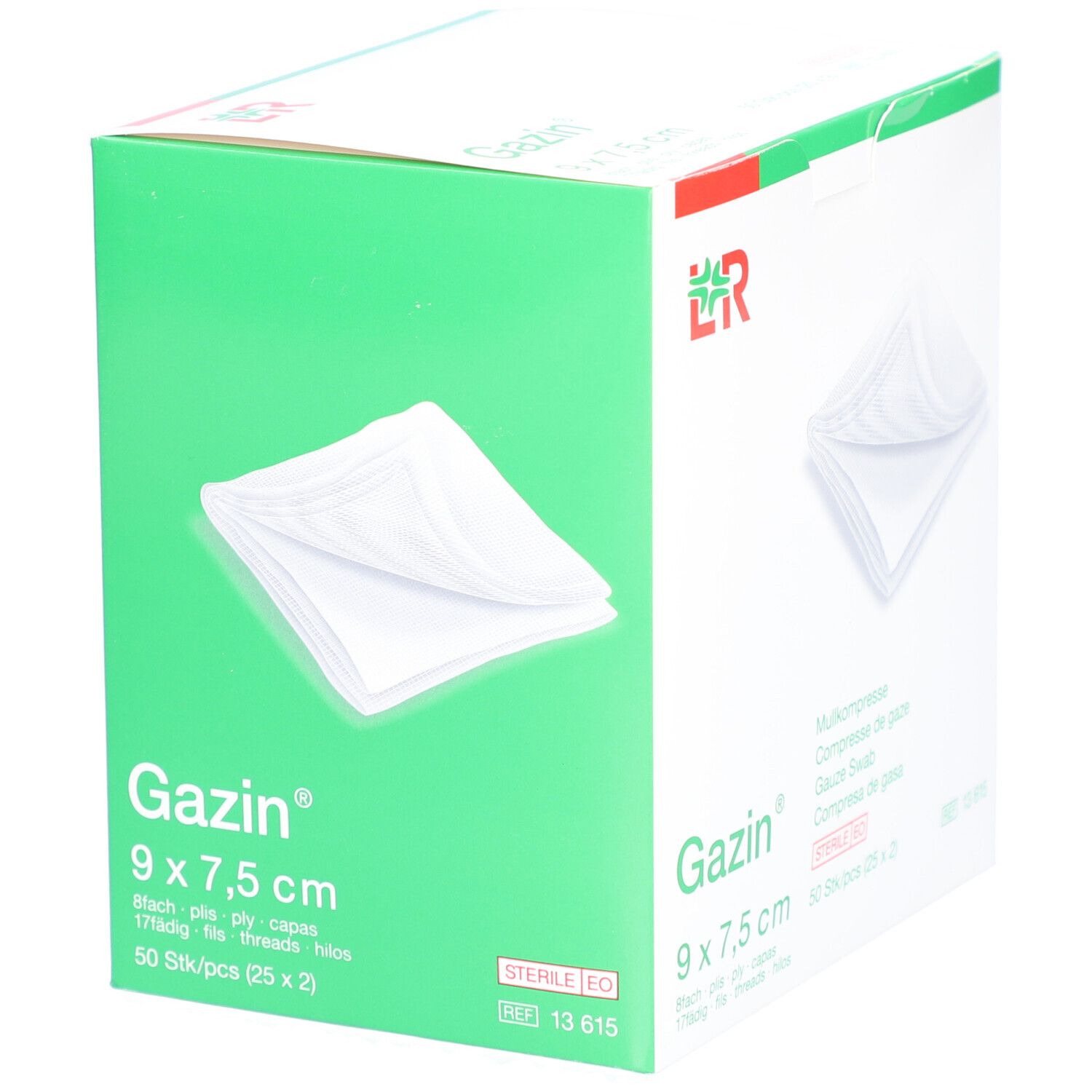 Gazin gaaskompressen 9 x 7,5 cm. Witte kompressen in groene verpakking. 50 stuks (25 x 2). Steriel.