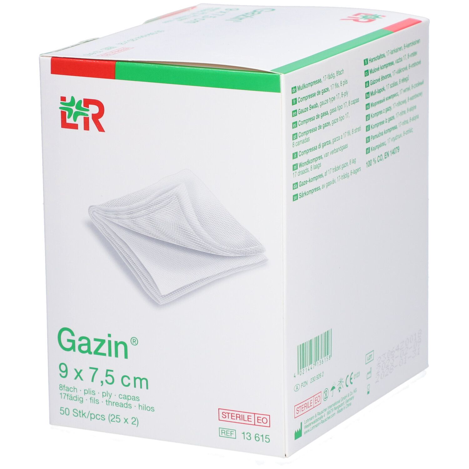 Gazin gaaskompressen 9 x 7,5 cm. Witte kompressen in witte verpakking. 50 stuks (25 x 2). Steriel.