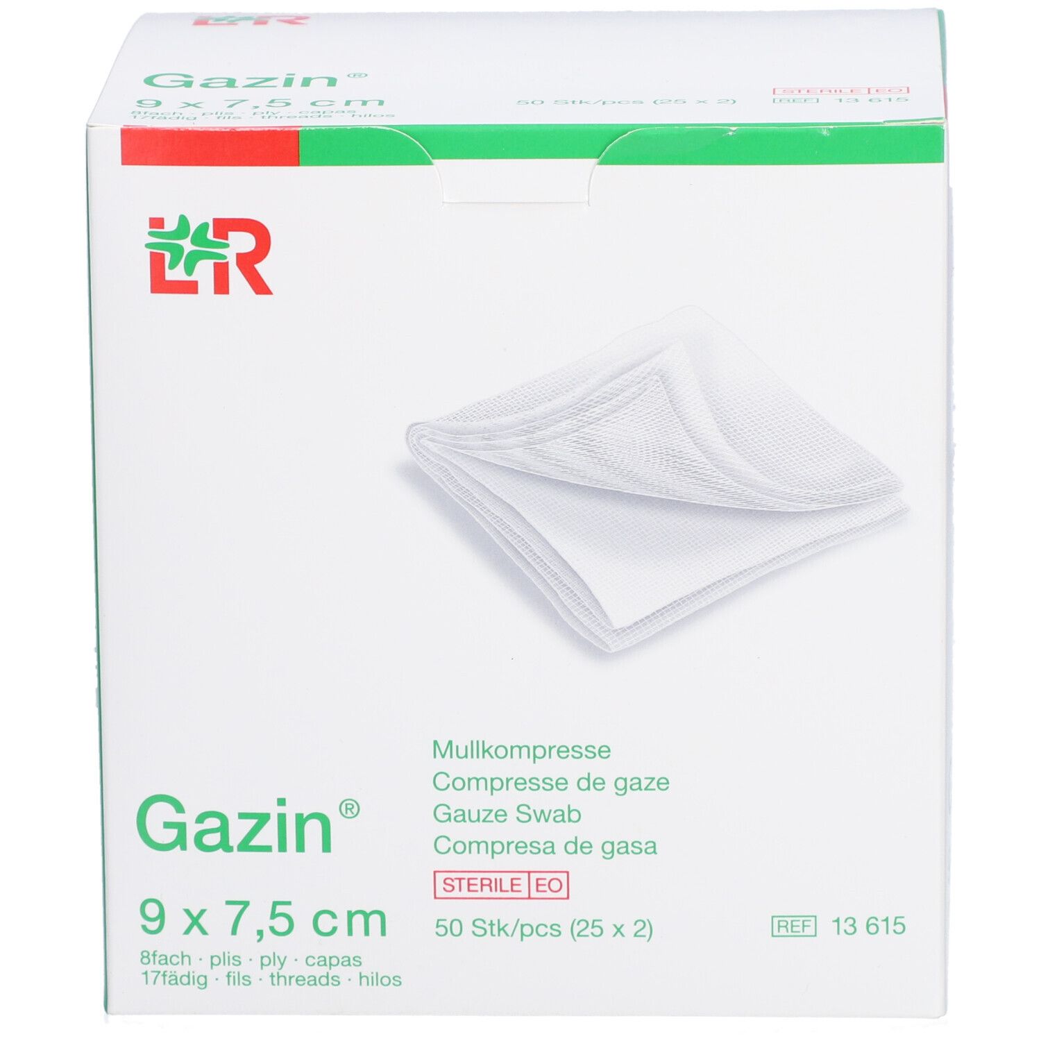 Gazin gaaskompressen 9 x 7,5 cm. Witte kompressen in witte verpakking. 50 stuks (25 x 2). Steriel.
