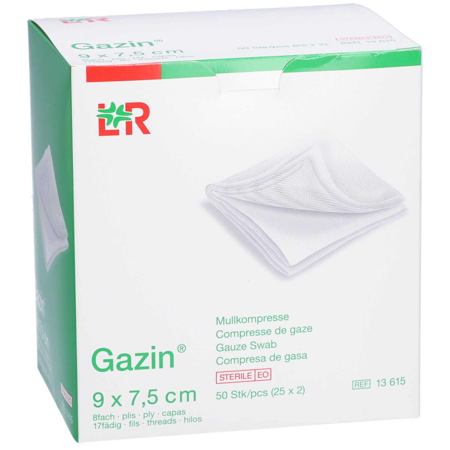 Gazin gaaskompressen 9 x 7,5 cm. Witte kompressen in witte verpakking. 50 stuks (25 x 2). Steriel.