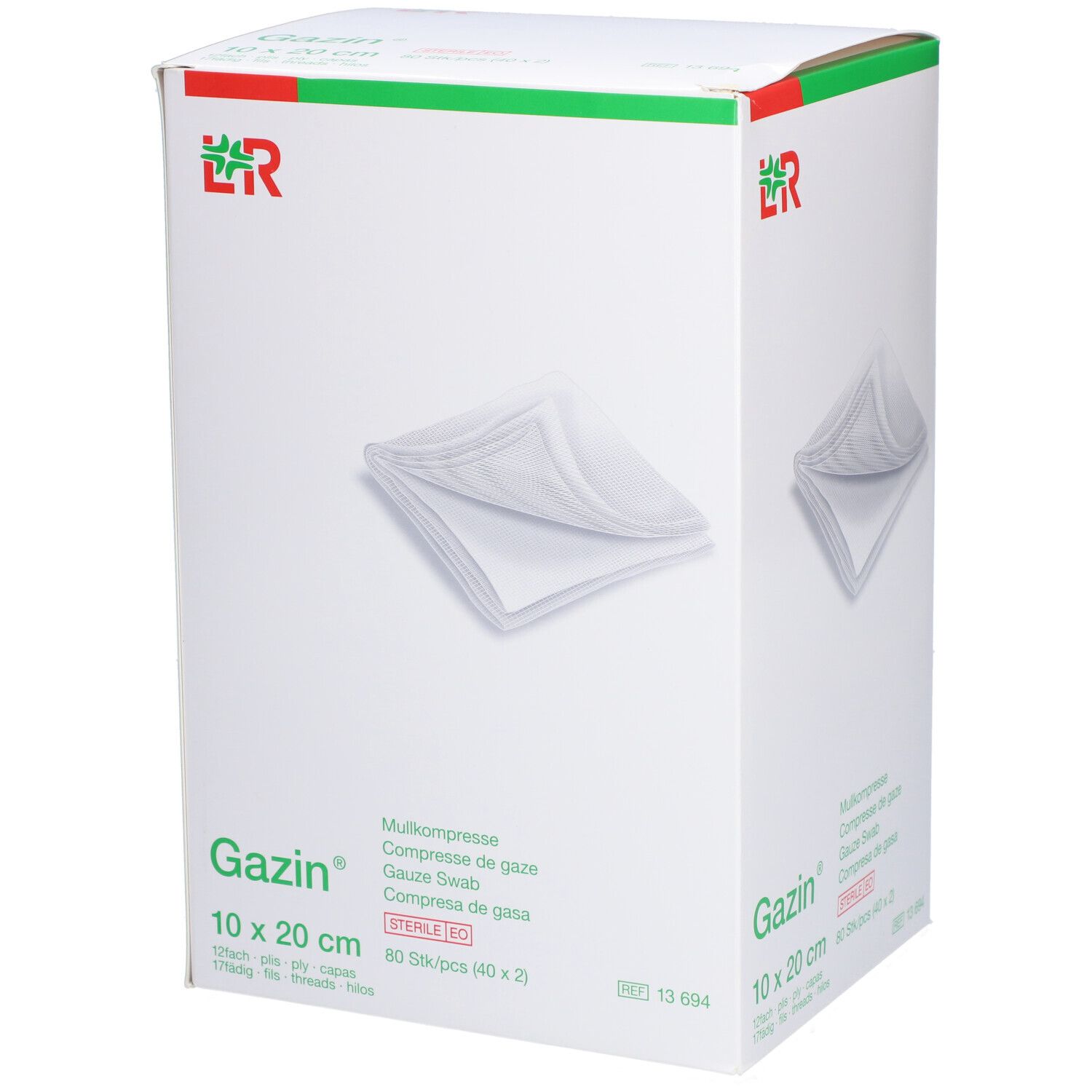 Boîte de compresses de gaze Gazin 10 x 20 cm. Inscriptions : Gazin, compresses stériles, 80 pièces.