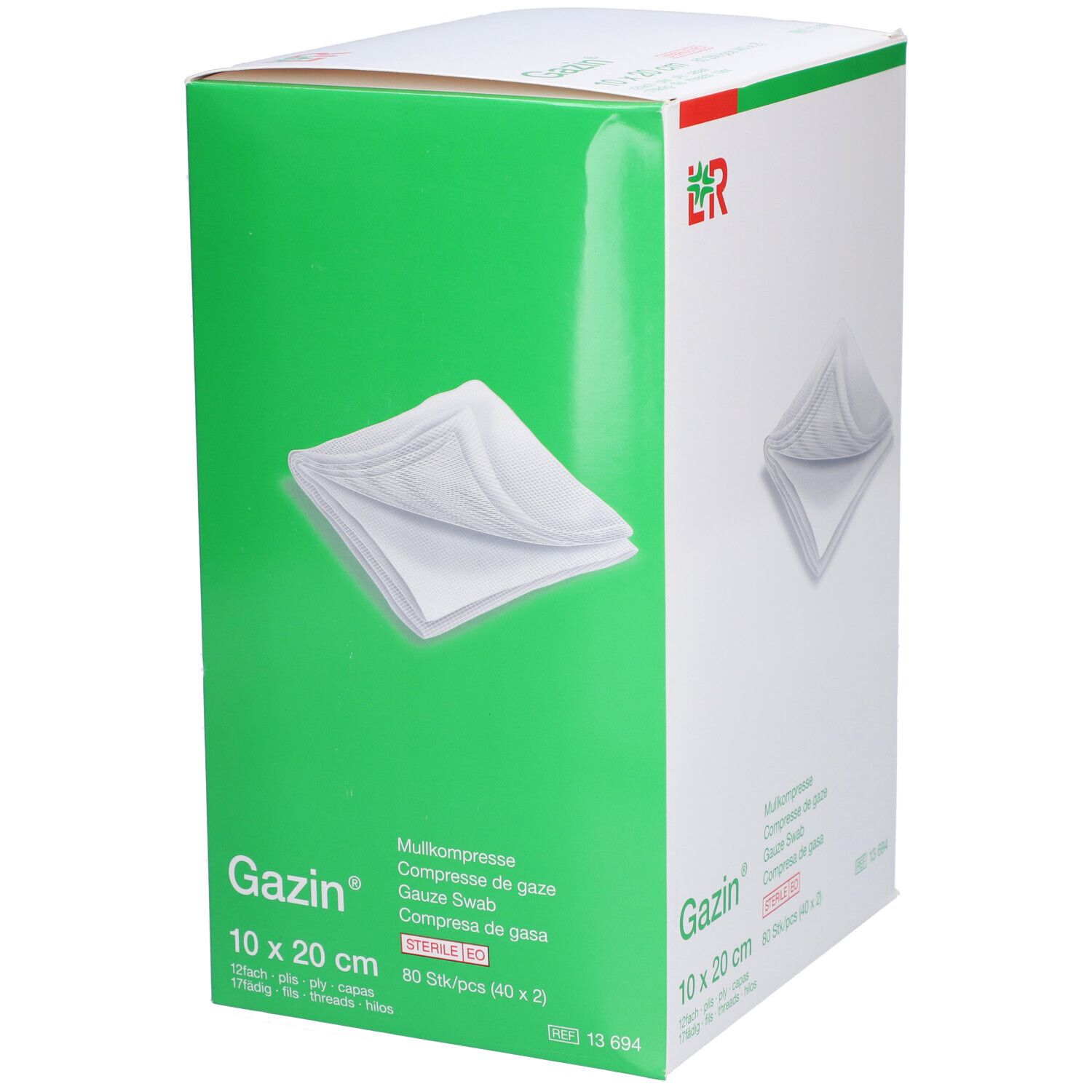 Boîte verte de compresses de gaze Gazin 10 x 20 cm. Inscriptions : Gazin, compresses stériles, 80 pièces.