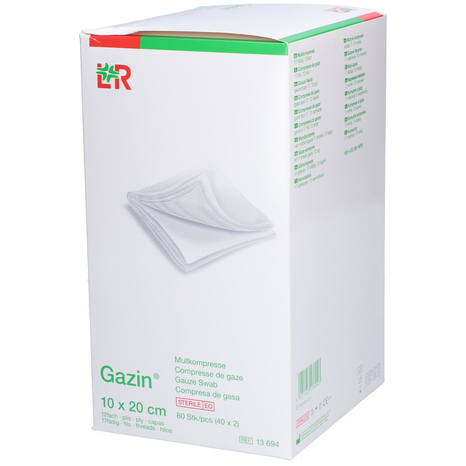 Boîte de compresses de gaze Gazin 10 x 20 cm. Inscriptions : Gazin, compresses stériles, 80 pièces.