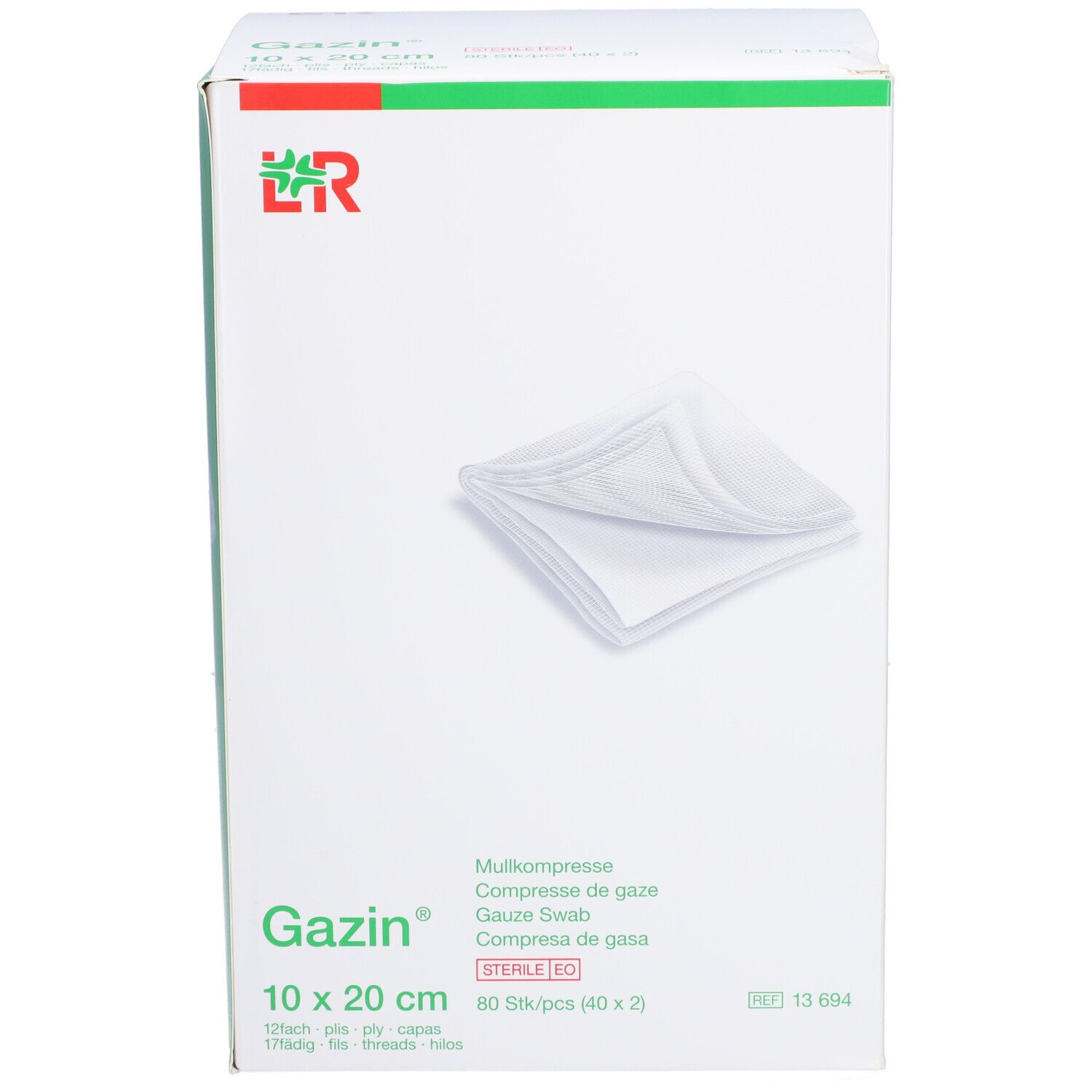 Boîte de compresses de gaze Gazin 10 x 20 cm. Inscriptions : Gazin, compresses stériles, 80 pièces.