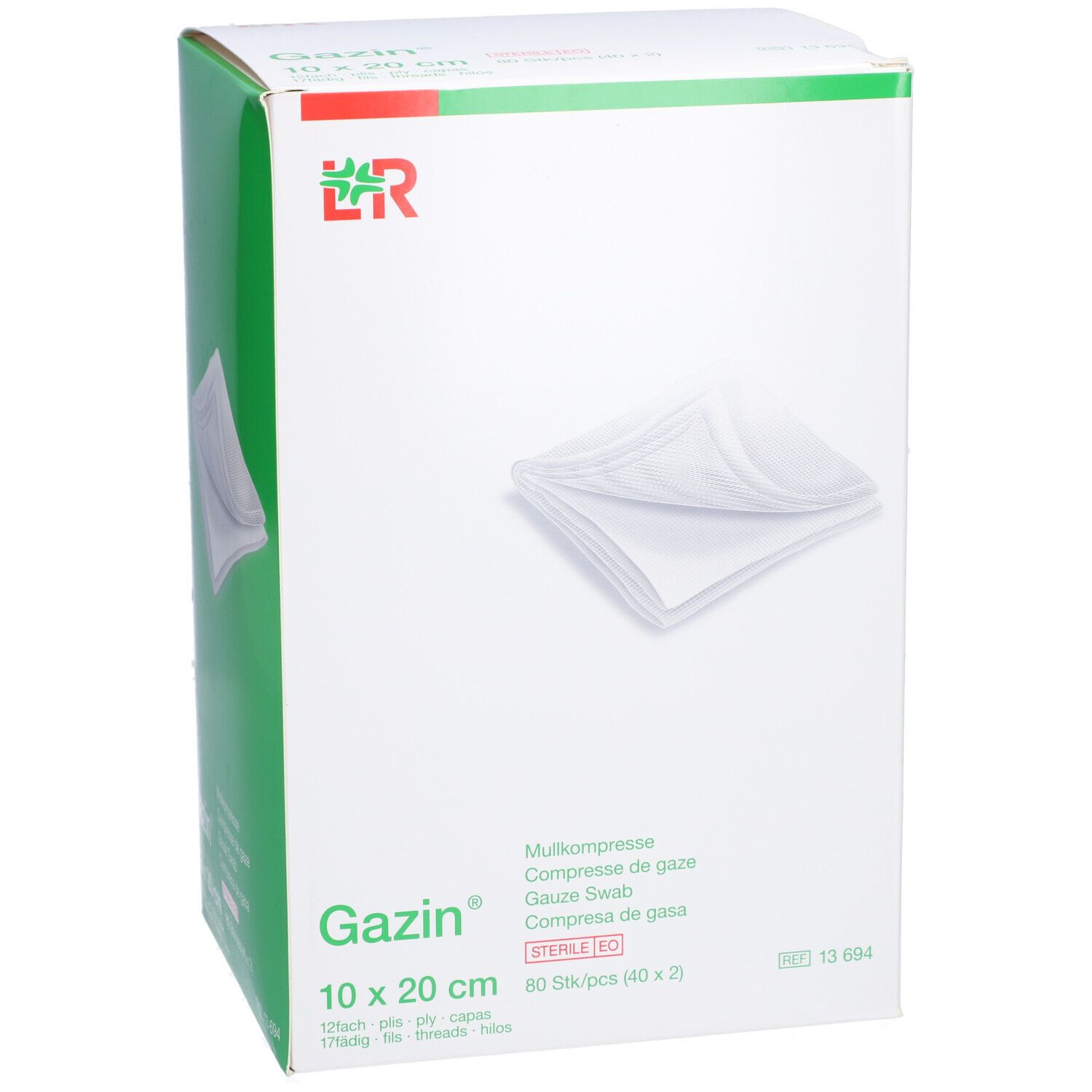 Boîte de compresses de gaze Gazin 10 x 20 cm. Inscriptions : Gazin, compresses stériles, 80 pièces.