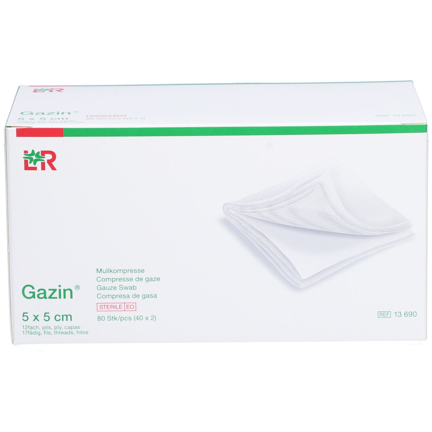 Gazin gaaskompressen verpakking, 5 x 5 cm. Steriel EO. Witte kompressen zichtbaar. Groene en witte verpakking.