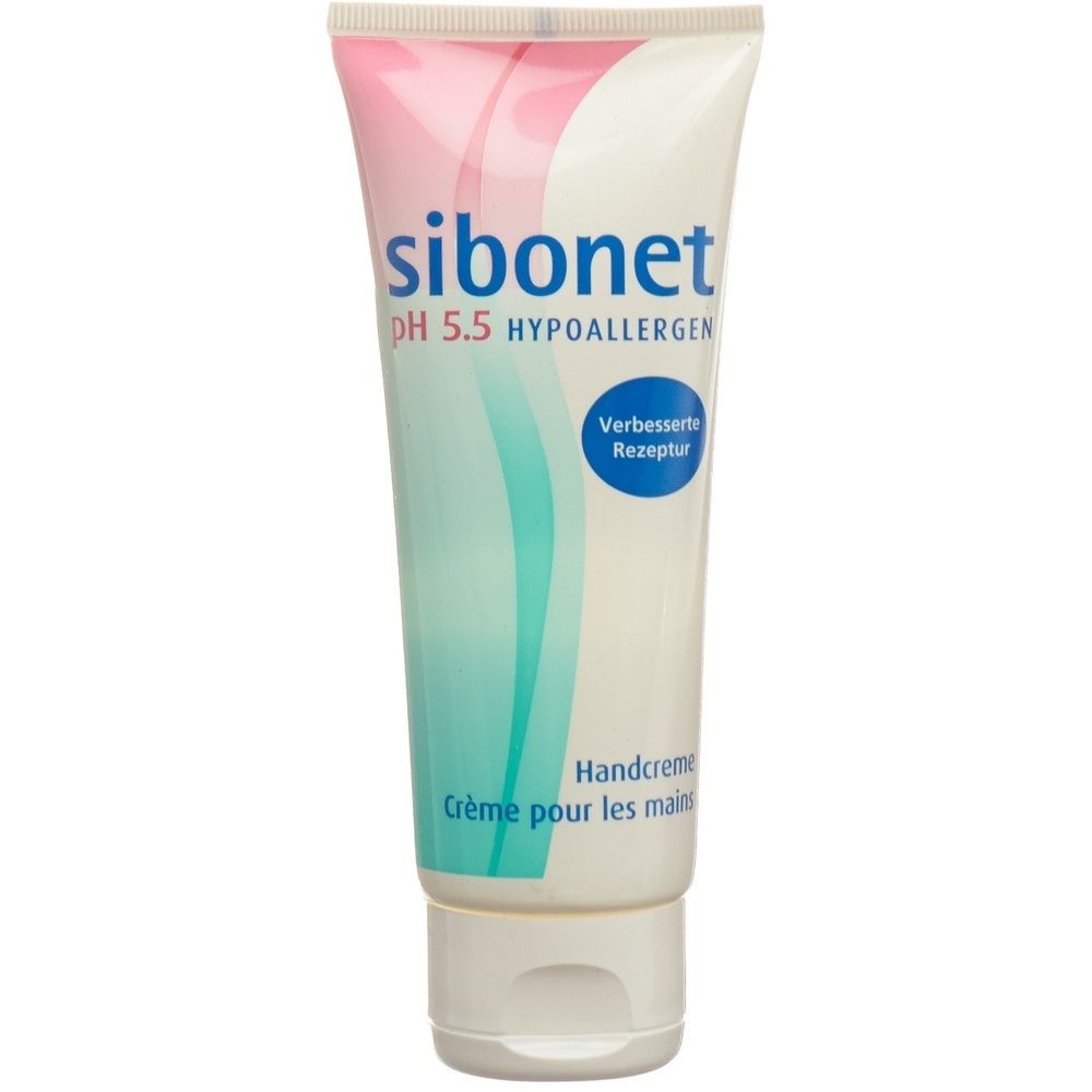 Witte tube met roze en blauw design. Opschrift: Sibonet, pH 5.5, Hypoallergeen. Handcrème. Crème pour les mains.