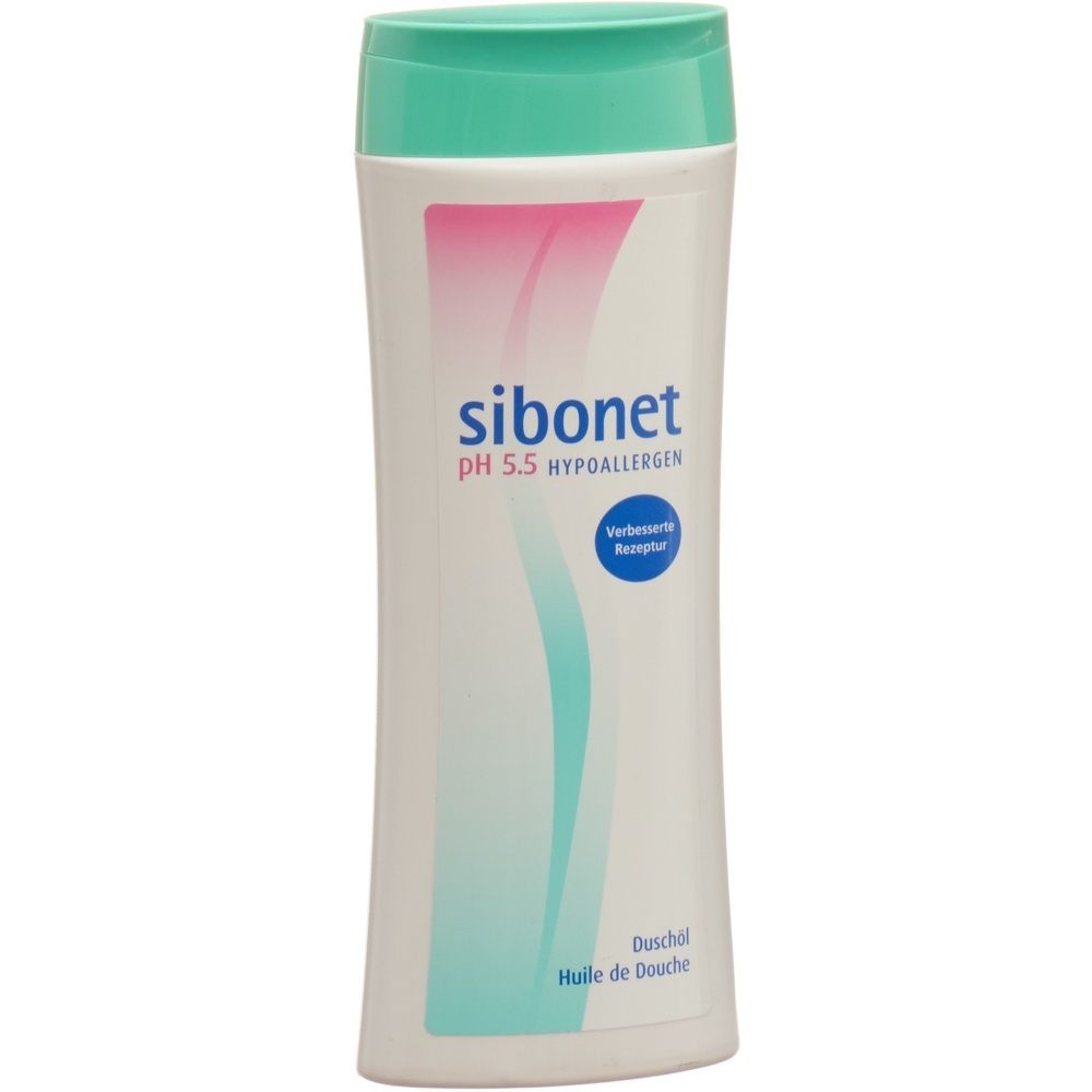 Wit-groene fles met roze-blauw design. Opschrift: sibonet pH 5.5 hypoallergeen. Douche-olie.