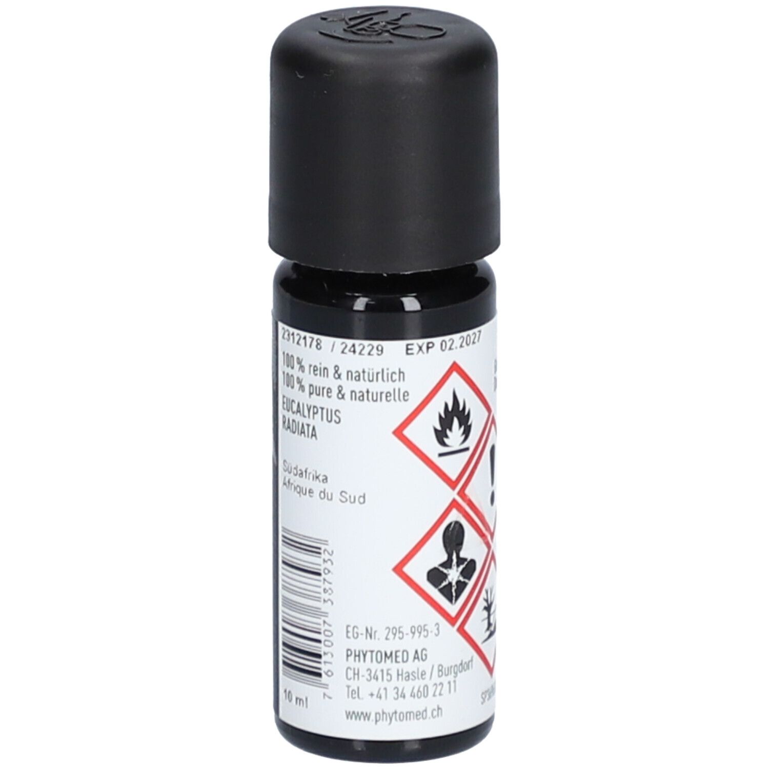Bruine glazen fles met zwarte dop. Opschrift: 100% puur & natuurlijk, Eucalyptus Radiata, Etherische olie. Merk: PHYTOMED.