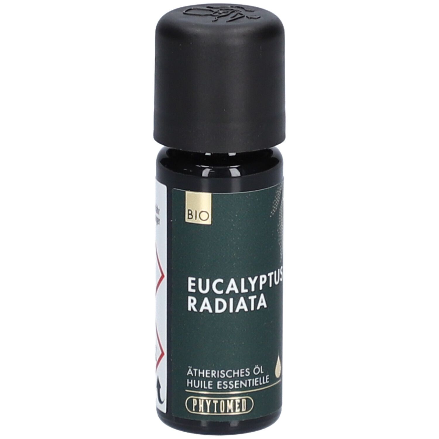 Bruine glazen fles met zwarte dop. Opschrift: Eucalyptus Radiata, Etherische olie, BIO. Merk: PHYTOMED.