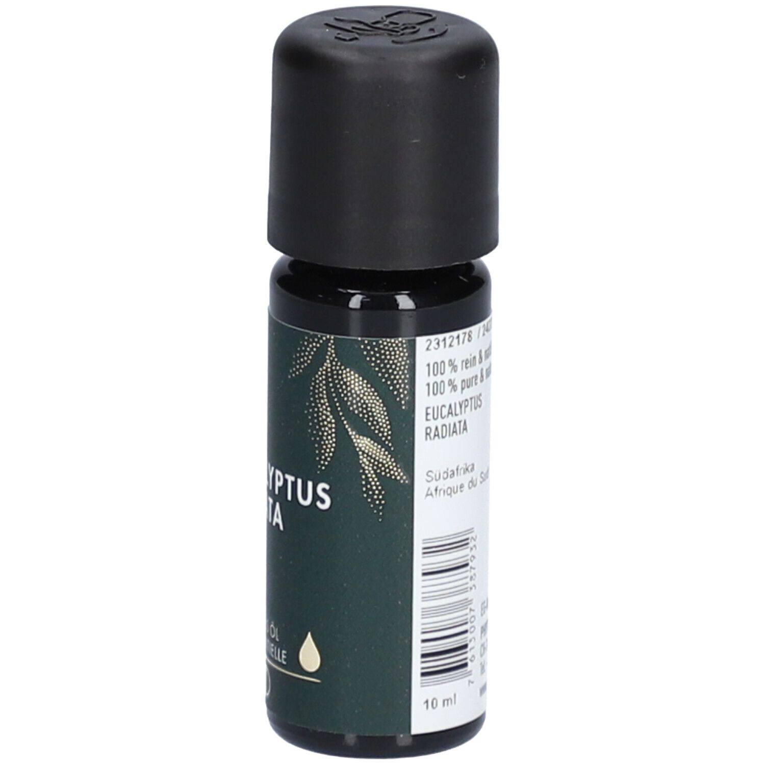 Bruine glazen fles met zwarte dop. Opschrift: Eucalyptus Radiata, Etherische olie. Merk: PHYTOMED. 10 ml.