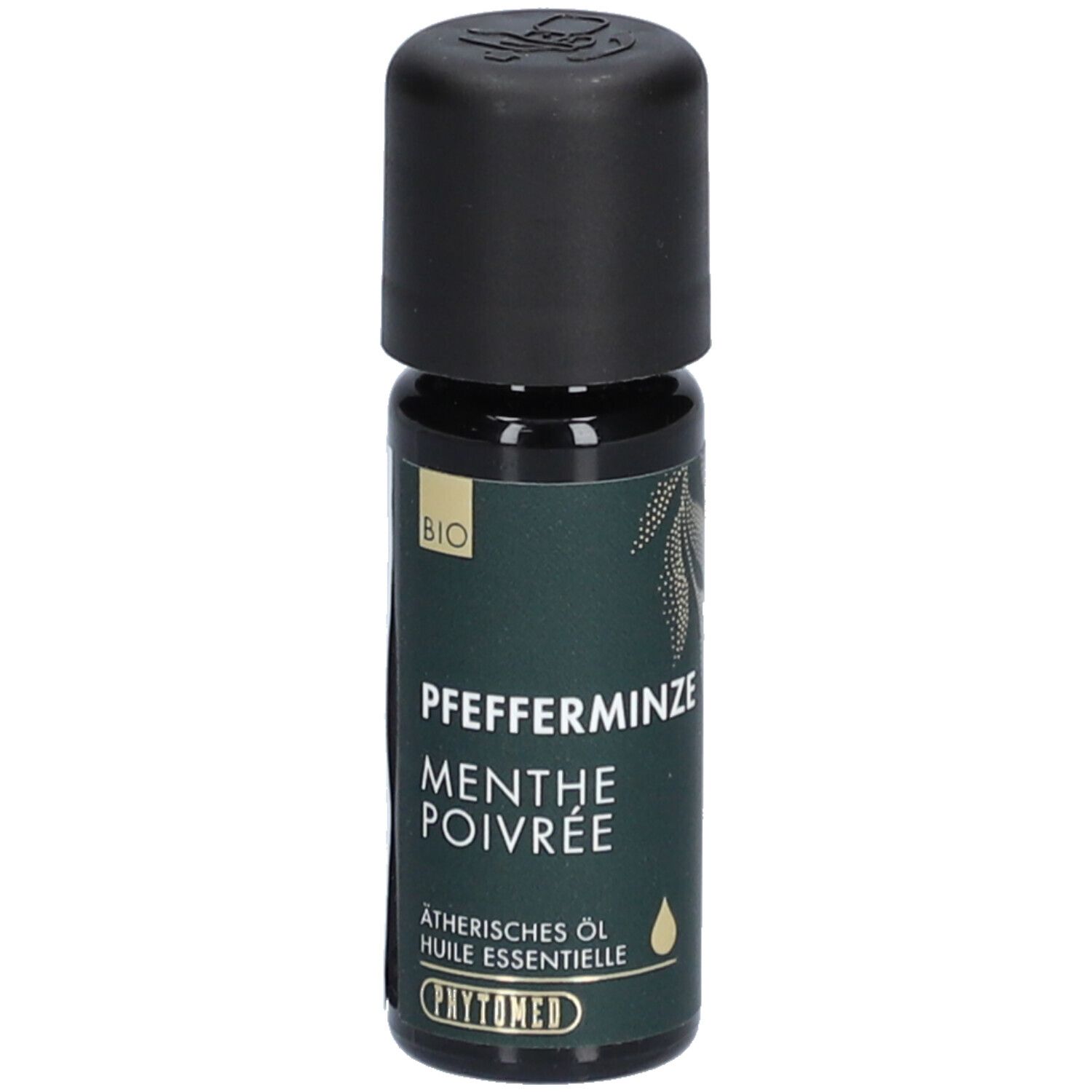 Donkere glazen fles met zwarte dop. Opschrift: Pfefferminze, Menthe Poivrée. BIO-label. Essentiële olie.