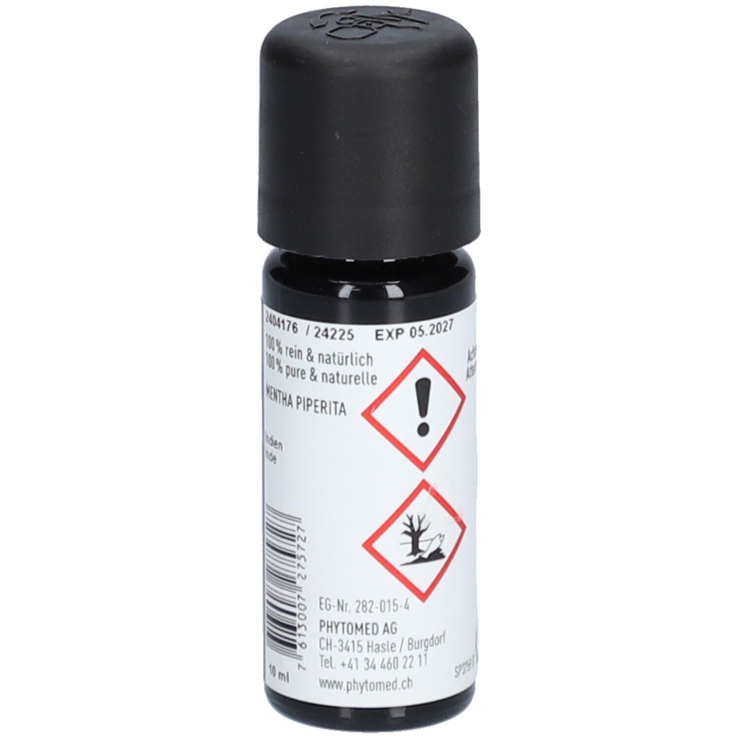 Donkere glazen fles met zwarte dop. Etiket met waarschuwingssymbolen en tekst. Opschrift: 100% rein & natuurlijk. EXP 05.2027.