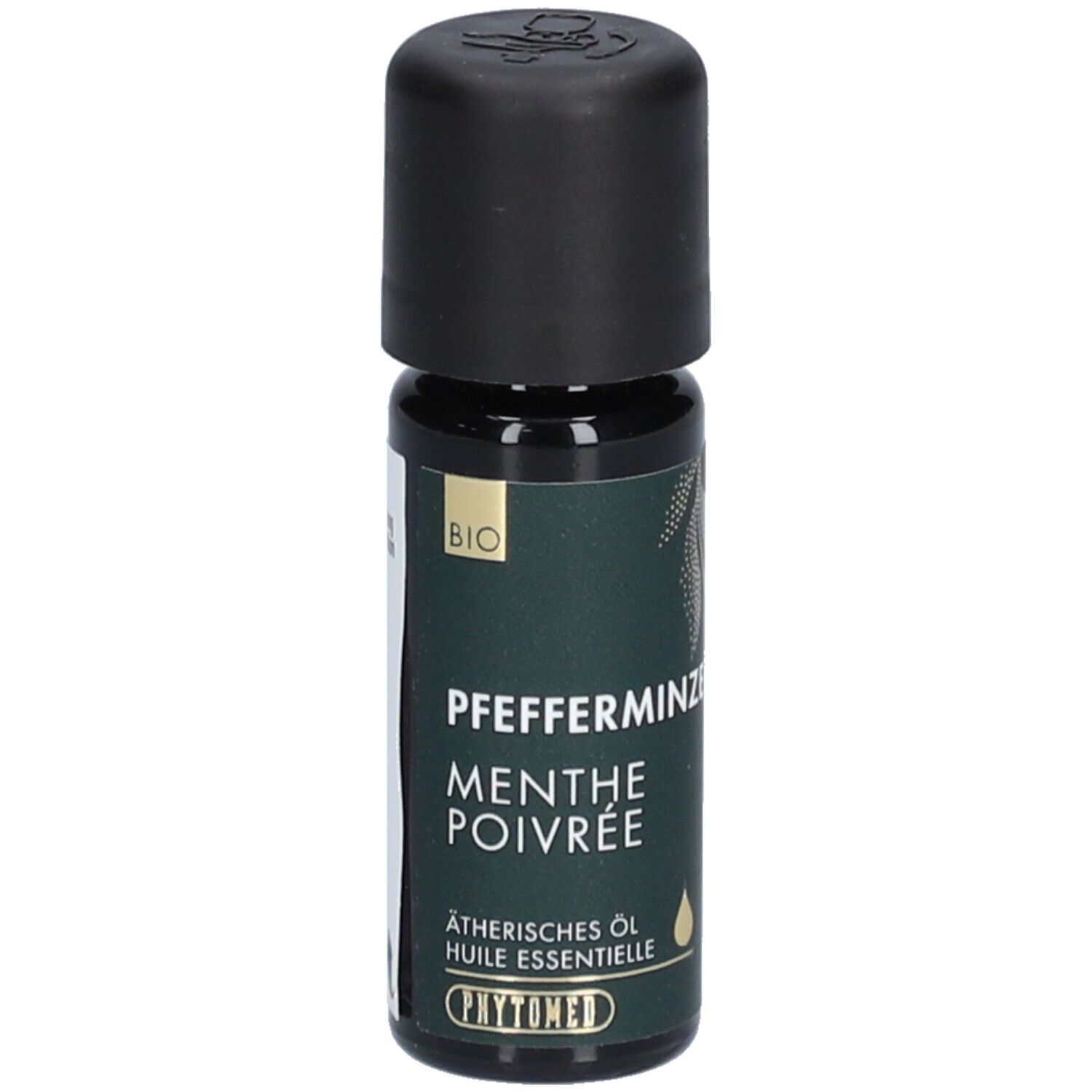 Donkere glazen fles met zwarte dop. Opschrift: Pfefferminze, Menthe Poivrée. BIO-label. Essentiële olie. PHYTOmed logo.