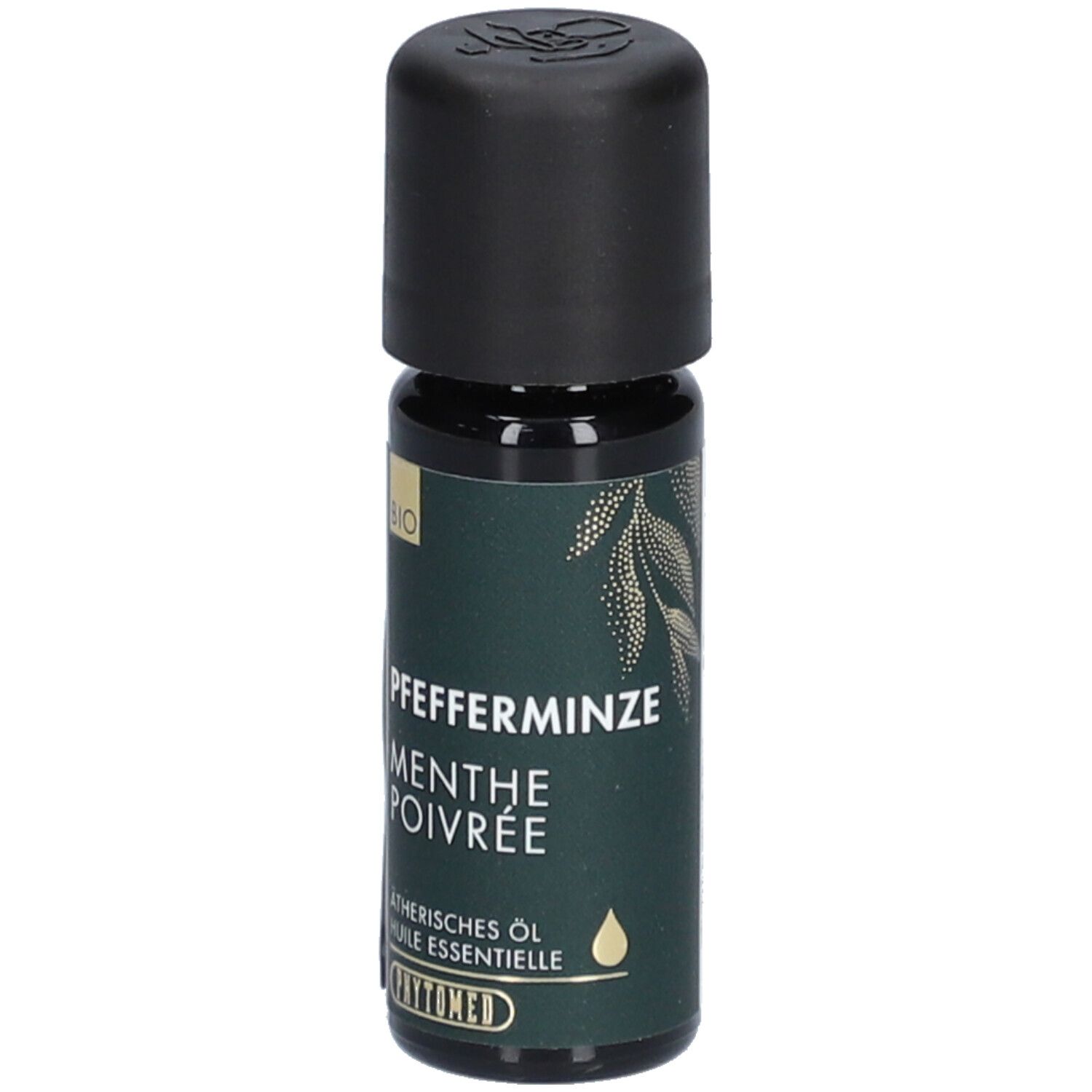 Donkere glazen fles met zwarte dop. Opschrift: Pfefferminze, Menthe Poivrée. BIO-label. Essentiële olie. PHYTOmed logo.