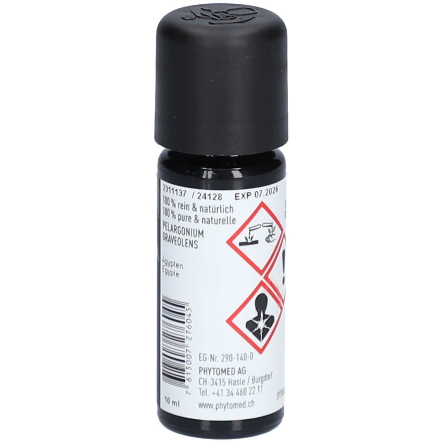 Bruine glazen fles met zwarte dop. Opschrift: 100% puur & natuurlijk, Pelargonium graveolens. Waarschuwingen. Logo: Phytomed.