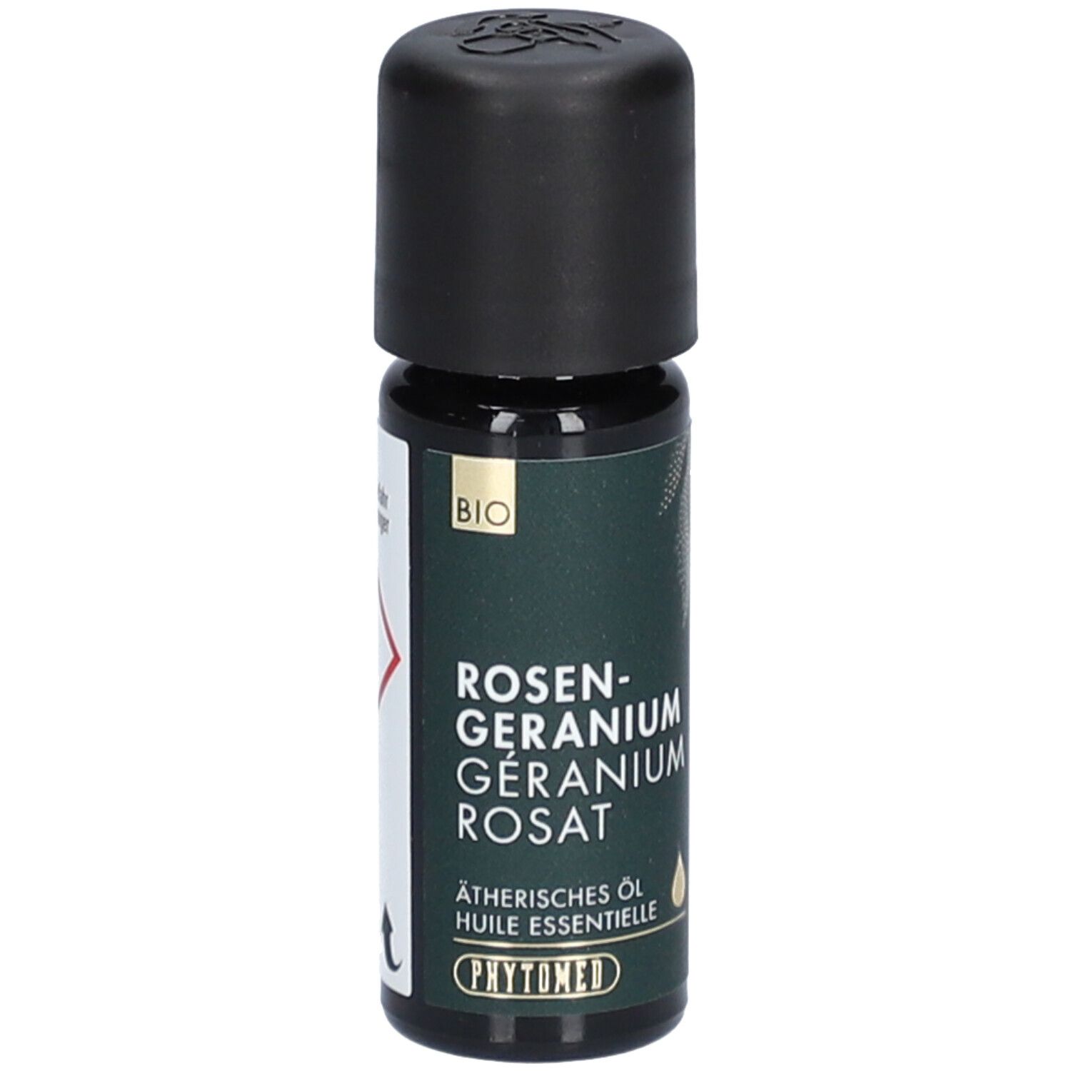 Bruine glazen fles met zwarte dop. Opschrift: Rosen-Geranium Rosat, etherische olie. Logo: Phytomed. Bio-label.