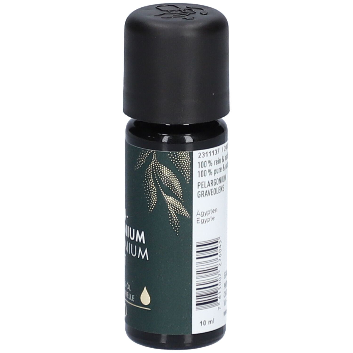 Bruine glazen fles met zwarte dop. Opschrift: Rosen-Geranium, etherische olie. Logo: Phytomed. 10 ml. Barcode.