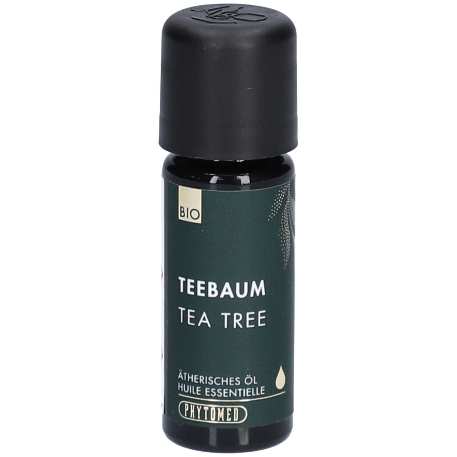 Bruine glazen fles met zwarte dop. Opschrift: Tea Tree, etherische olie, BIO-label. Merk: PHYTOMED.