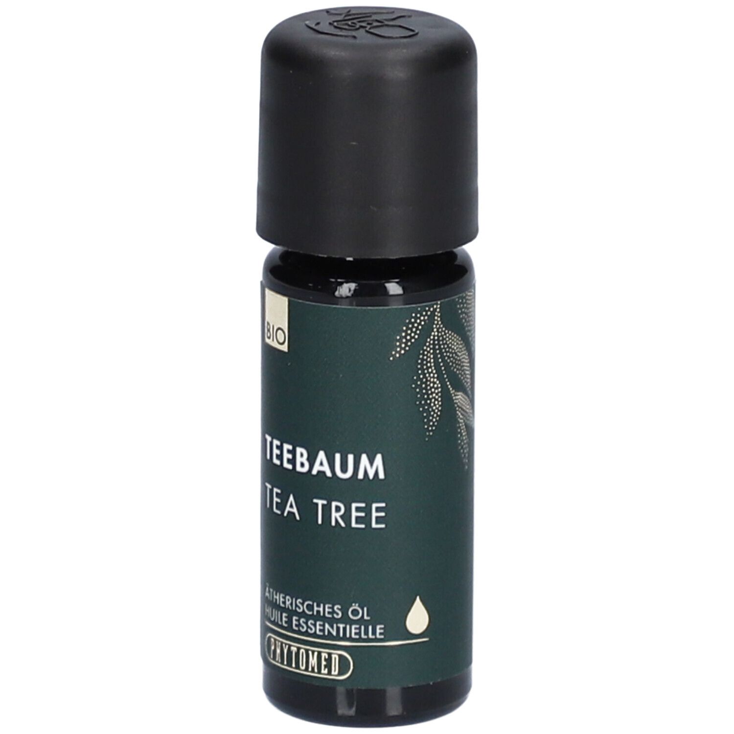 Bruine glazen fles met zwarte dop. Opschrift: Tea Tree, etherische olie, BIO-label. Merk: PHYTOMED.