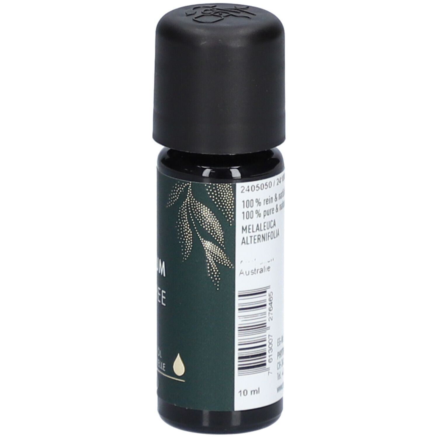 Bruine glazen fles met zwarte dop. Opschrift: 100% puur & natuurlijk, Melaleuca Alternifolia. Merk: PHYTOMED.
