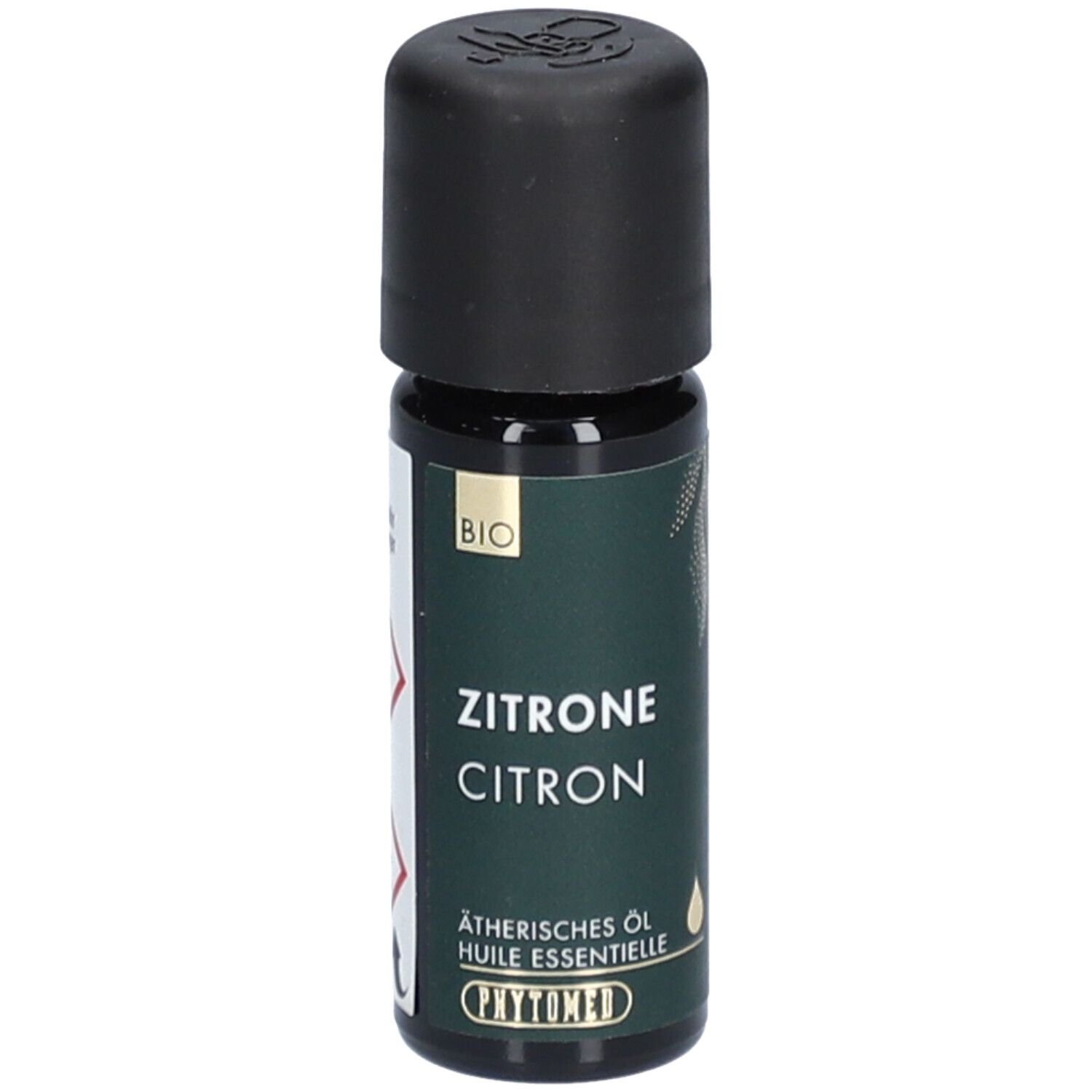 Bruine glazen fles met zwarte dop. Opschrift: Zitrone, Citron, Etherische olie, BIO-label, PHYTOMED.