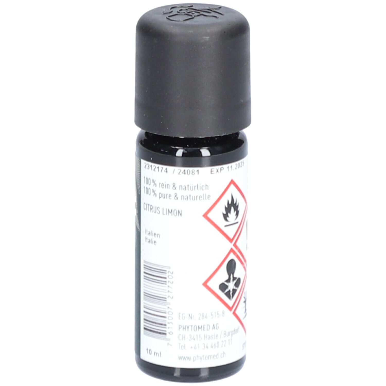 Bruine glazen fles met zwarte dop. Opschrift: 100% puur & natuurlijk, Citrus Limon, EXP 11.2021, PHYTOMED.