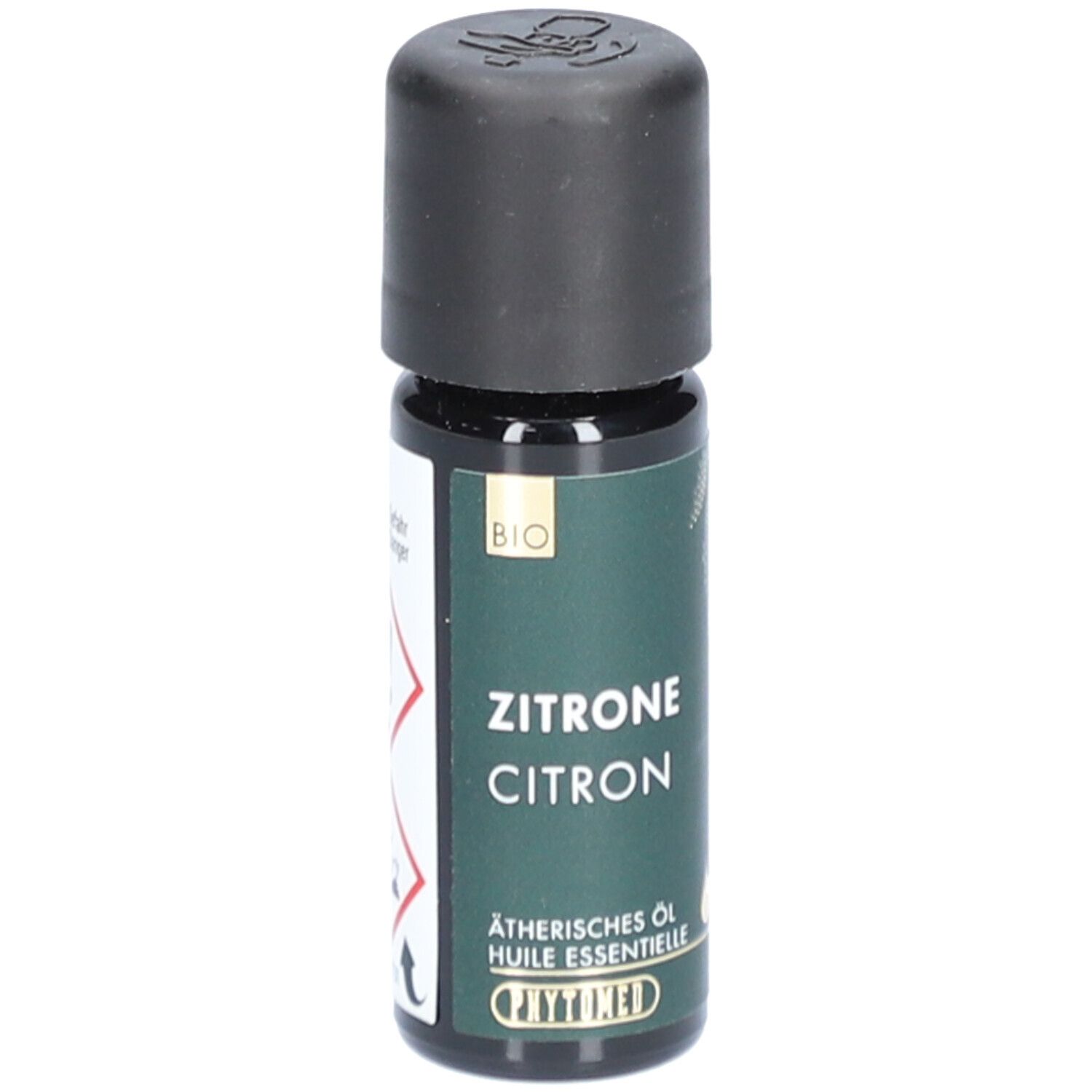 Bruine glazen fles met zwarte dop. Opschrift: Zitrone, Citron, Etherische olie, BIO-label, PHYTOMED.