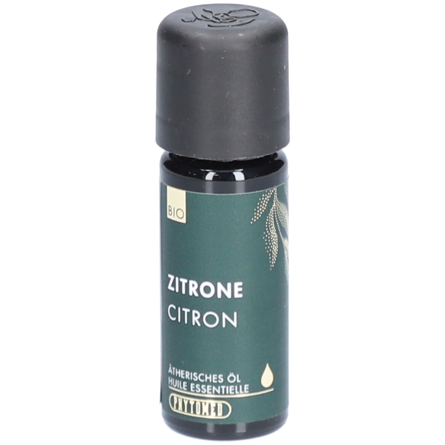 Bruine glazen fles met zwarte dop. Opschrift: Zitrone, Citron, Etherische olie, BIO-label, PHYTOMED.