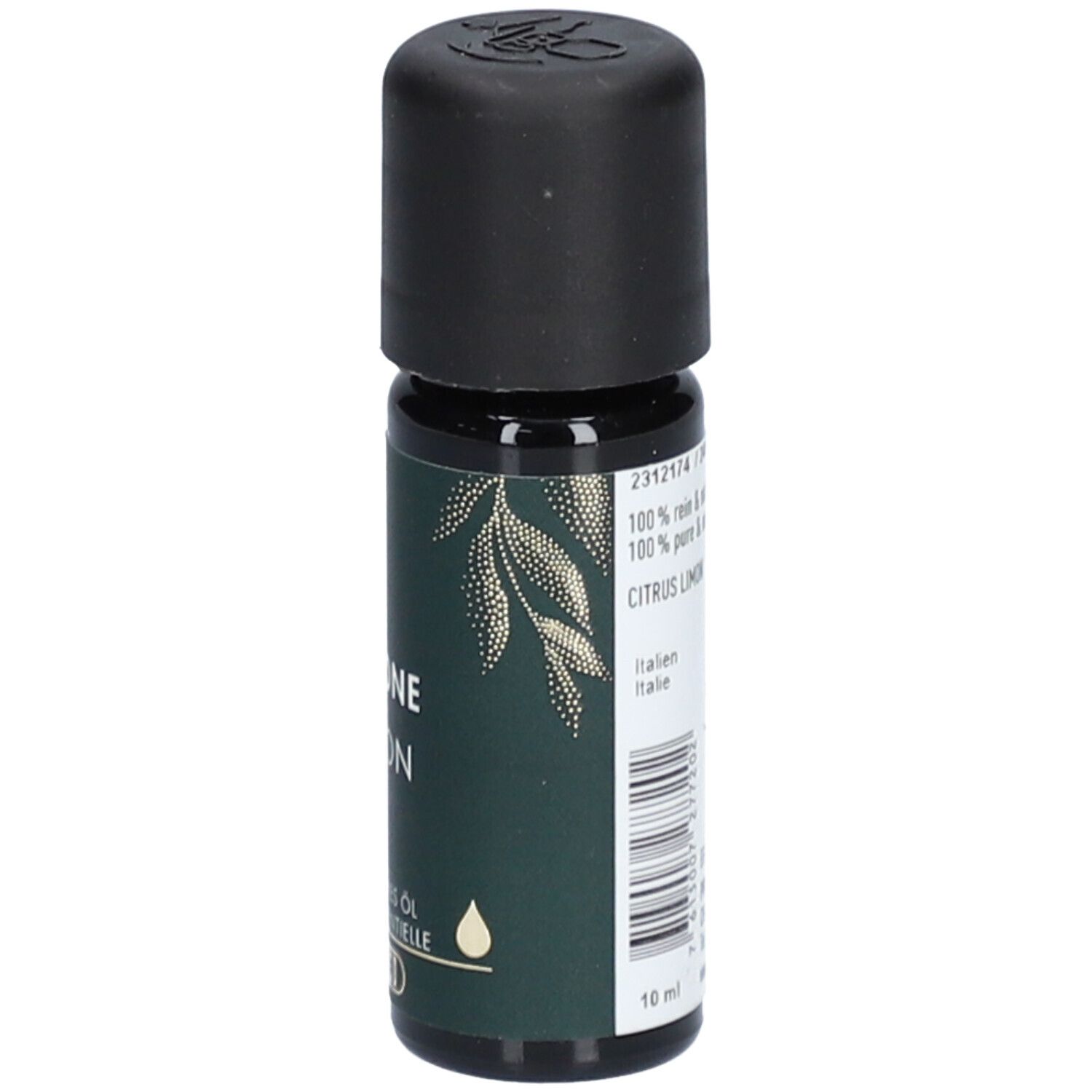 Bruine glazen fles met zwarte dop. Opschrift: Zitrone, Citron, Etherische olie, BIO-label, PHYTOMED, 10 ml.