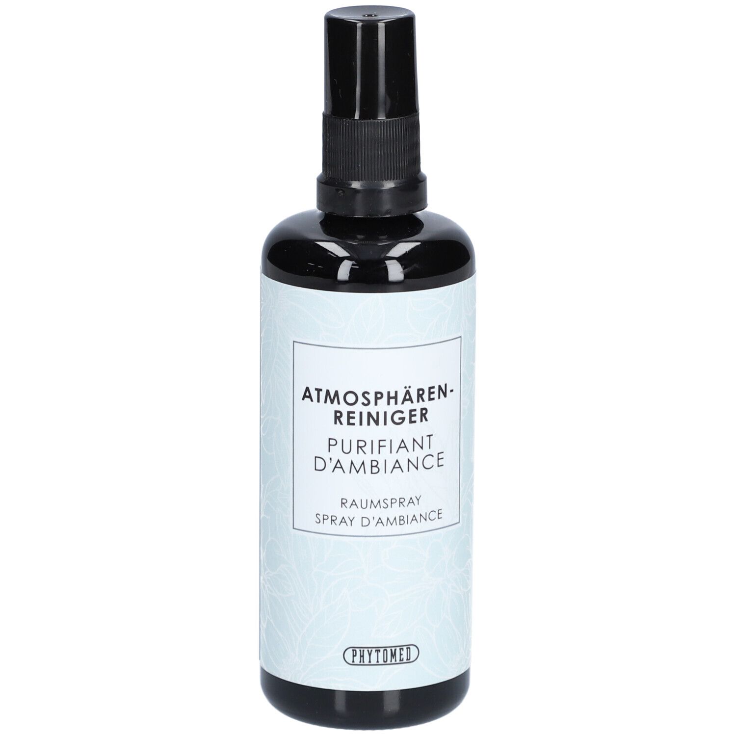 Zwarte fles met verstuiver. Wit etiket met tekst: Atmosphärenreiniger, Purifiant d'Ambiance, Raumspray.