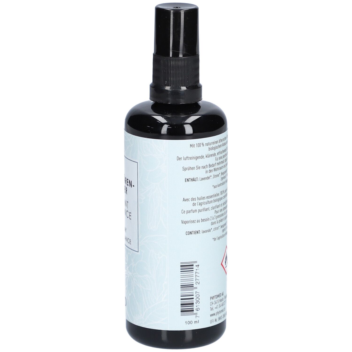 Zwarte fles met verstuiver. Etiket met tekst en waarschuwingen. Opdruk: 100 ml.