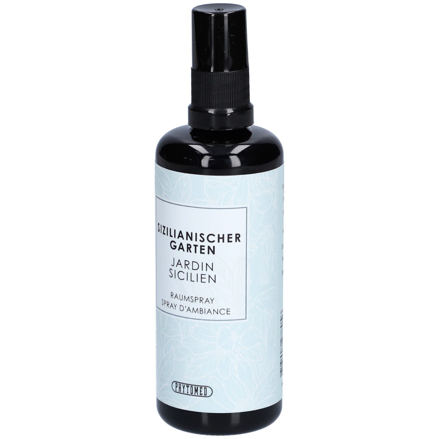 Zwarte spuitfles met wit etiket. Opschrift: Sizilianischer Garten, Jardin Sicilien, Raumspray.