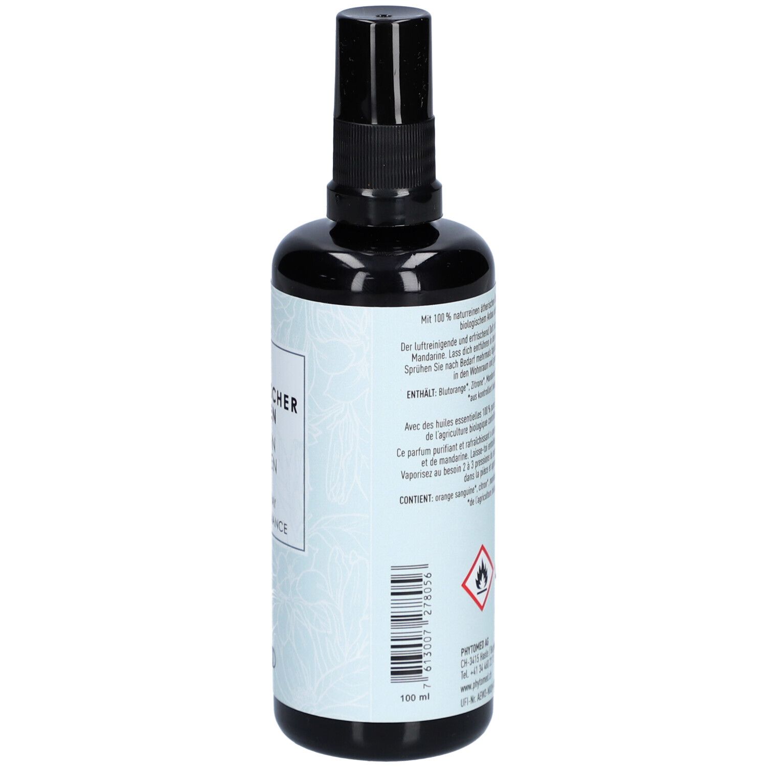 Zwarte spuitfles, achterkant met tekst en gevaarsymbolen. 100 ml volumeaanduiding.