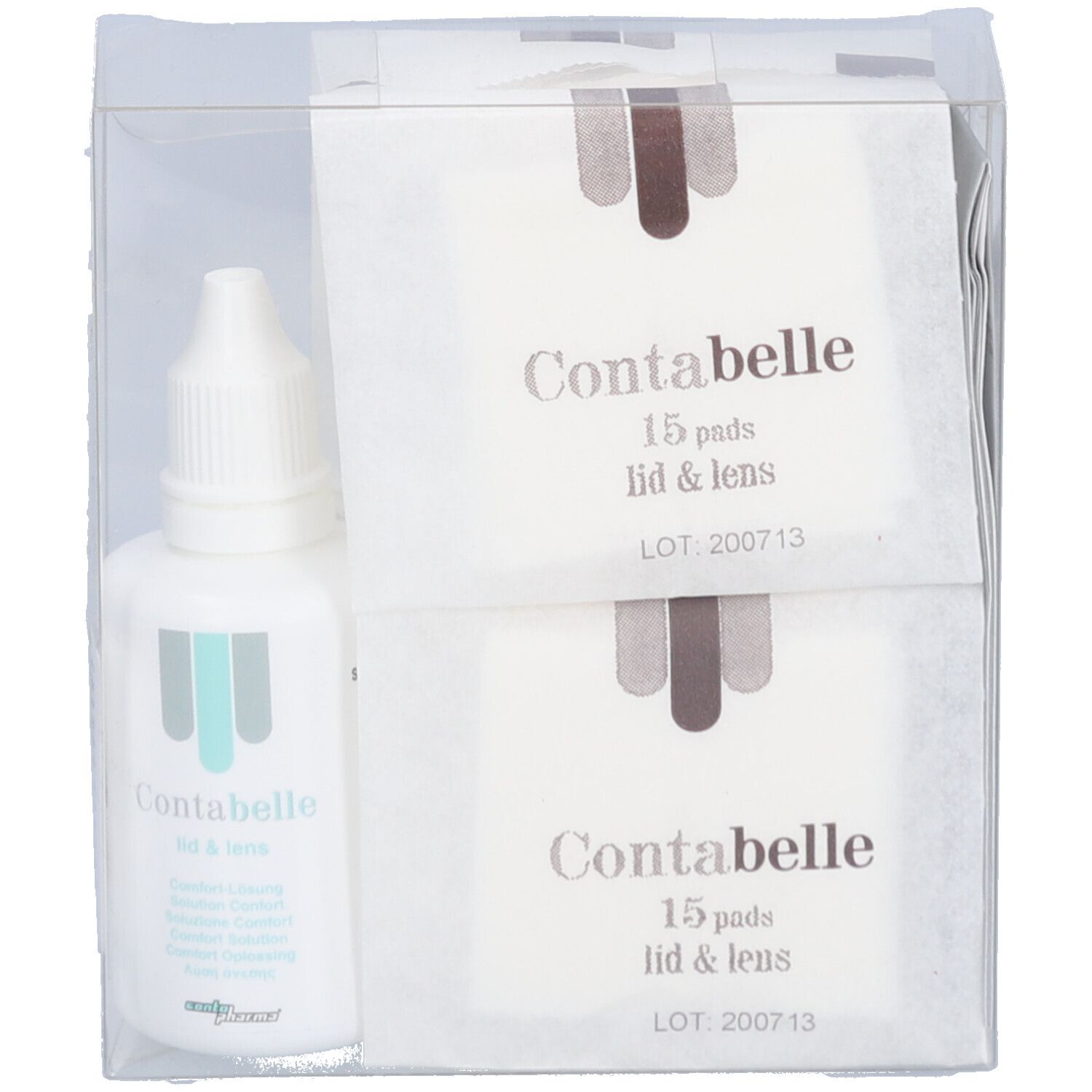 Verpakking Contabelle Lid & Lens met pads en flesje. Pads: 15 stuks. Flesje vloeistof. Transparante plastic verpakking.