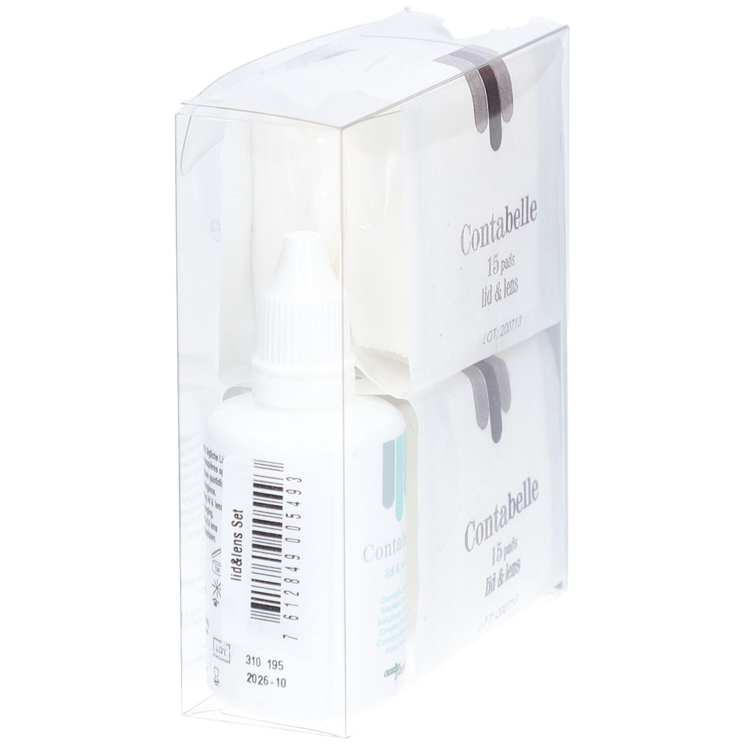 Contabelle Lid & Lens set in transparante verpakking. Pads en flesje. Pads: 15 stuks. Flesje met label.