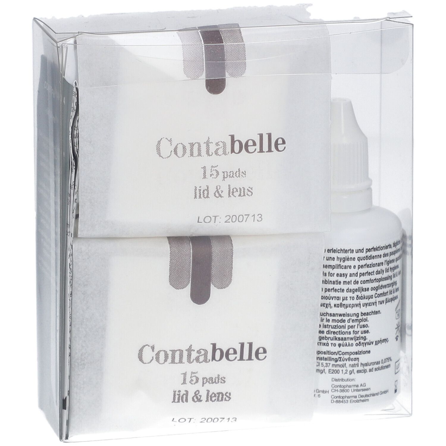 Contabelle Lid & Lens set in transparante verpakking. Pads en flesje. Pads: 15 stuks. Flesje met productinformatie.