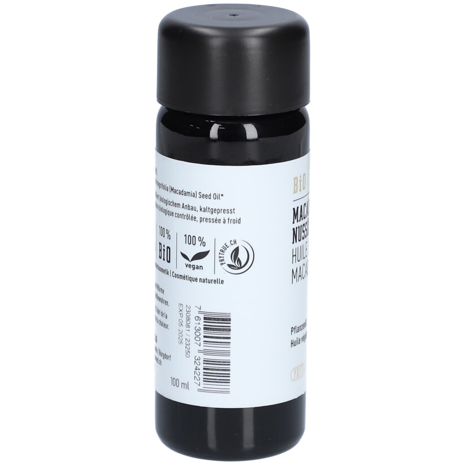 Donkere glazen fles met zwarte dop. Etiket met productinformatie en Bio-keurmerk. 100% Bio, vegan.