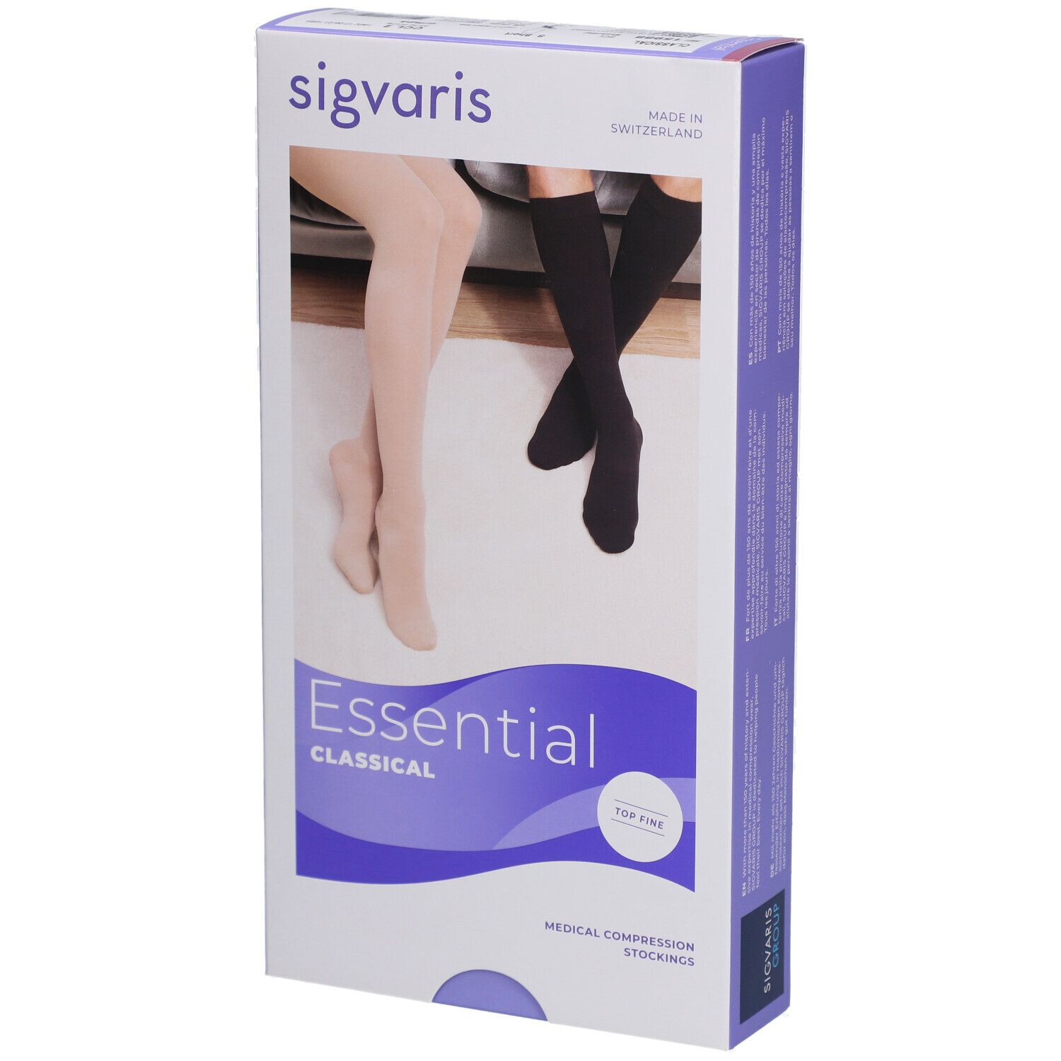 Boîte de bas de compression SIGVARIS Essential Classical. Bas beiges et noirs représentés.
